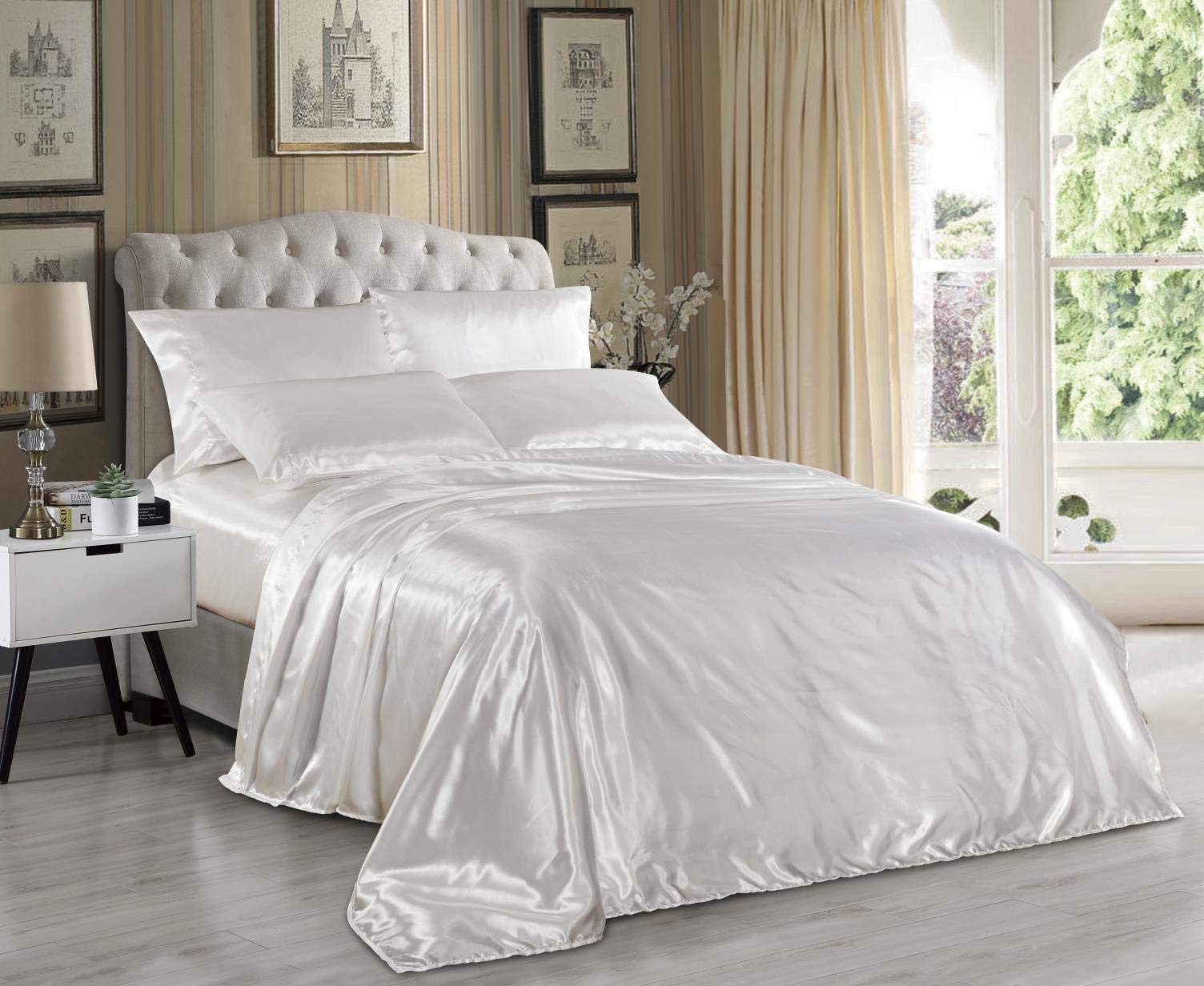 Hight Thread Count Solid Color Soft Silky Charmeuse Satin Luxury and Super Soft Bed Sheet Set Ivory Queen