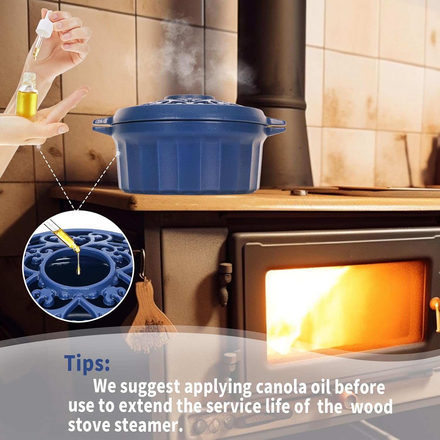 Wood Stove Steamer-Fireplace Humidifier,Cast Iron Humidifier for Stove, Matte Black Finish, Rust Resistant, Lattice Top, 2.5 Quart Capacity,Wood Burning Stove Indoor Decorative.Blue