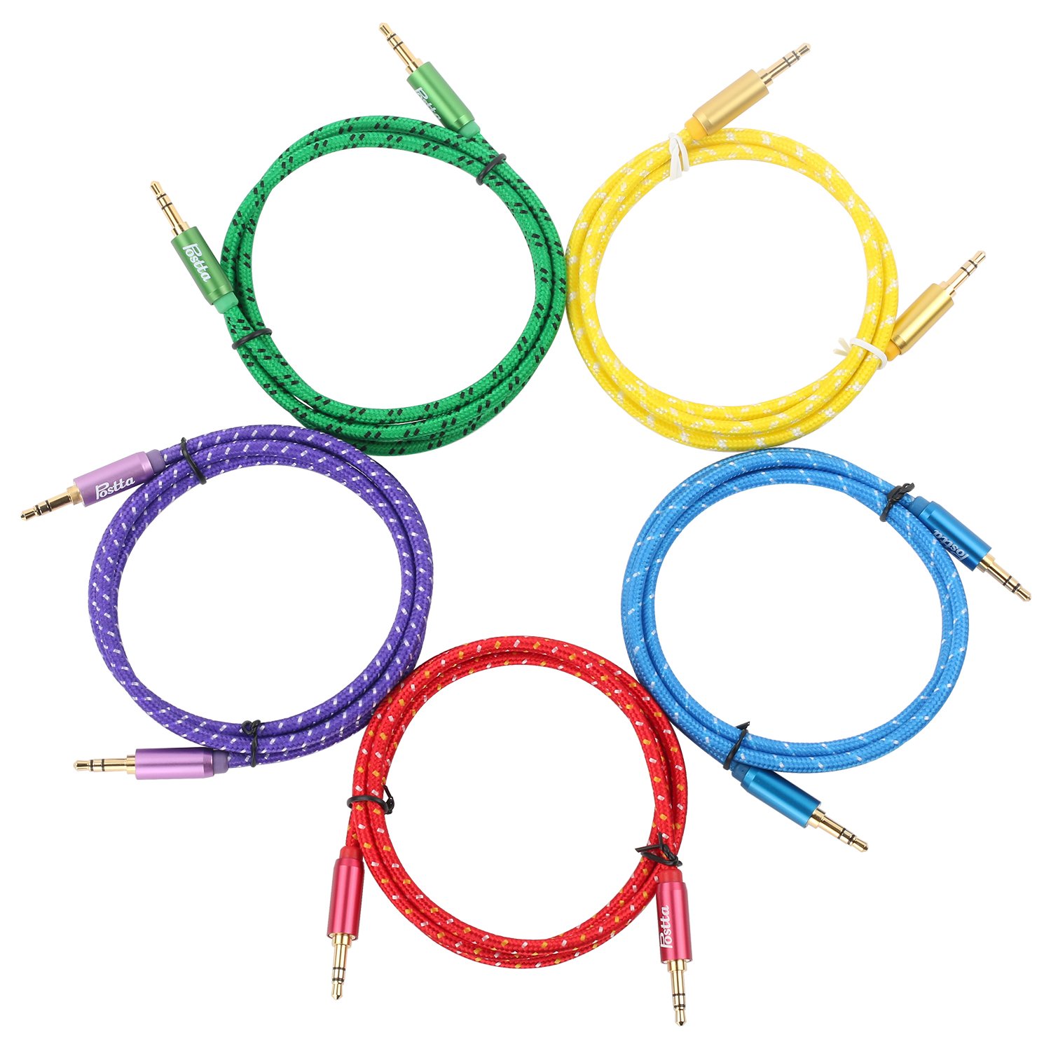 Postta 3.5MM Braided Stereo Audio Cable(6 Feet) Dual-Shielding Male to Male AUX Cable for car stereos,Smartphones,Tablets,PC,Media Players and More-5 Pack(Red/Yellow/Purple/Blue/Green)