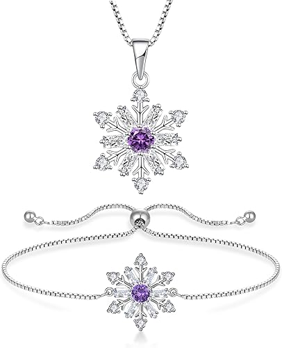 STARCHENIE Collar de copo de nieve, pulsera de plata de ley 925, juego de joyas de copo de nieve, regalo de amatista para mujer