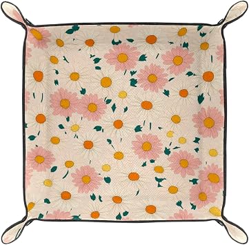 Dice Trays Pink White Little Daisy Holder Storage Box for Dice Games Like RPG DND, Microfiber Leather Dice Holder Portable Folding Rolling Dice Tray, 16x16cm