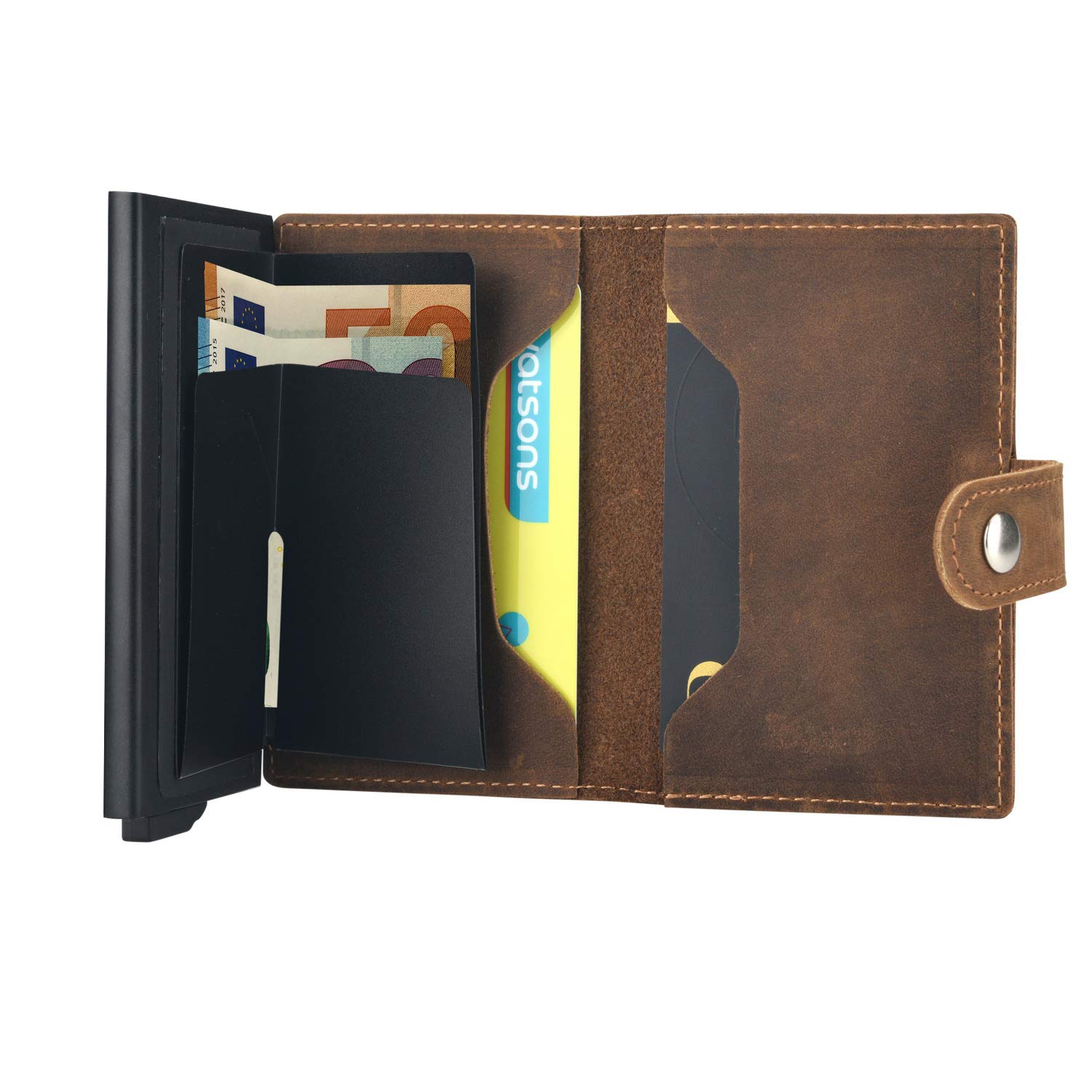Mini Premium Herren Geldbörse, RFID/NFC Schutz, Slim Wallet mit Münzfach, Druckknopf & Kartenetui, aus A++ Echtleder, bis zu 6 Karten, Business Portmonee für Männer