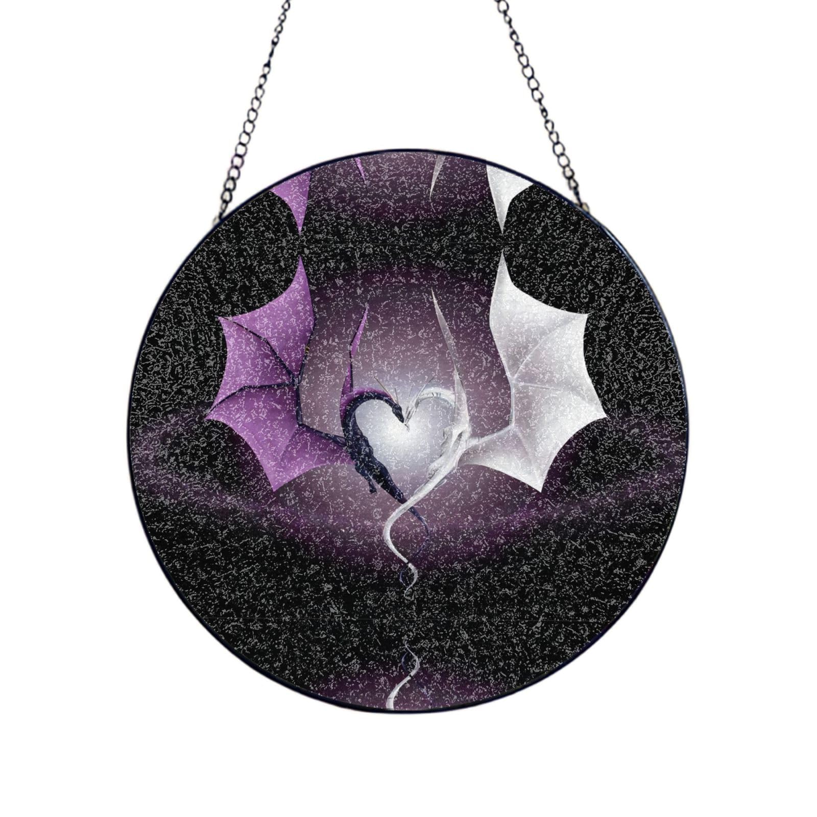 Phayah Purple And Wirte Dragons Print Glass Window Hanging Round Suncatcher Glass Ornament Garden Wall Fence Decorations Indoor Outdoor 6in（15cm）