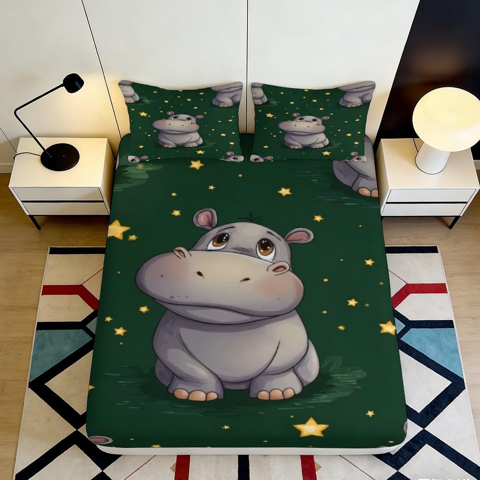 3D Printed Cute Hippo Fitted Sheet Microfiber Soft Green Starry Night Mattress Cover Bedroom Decor 160x200x25cm