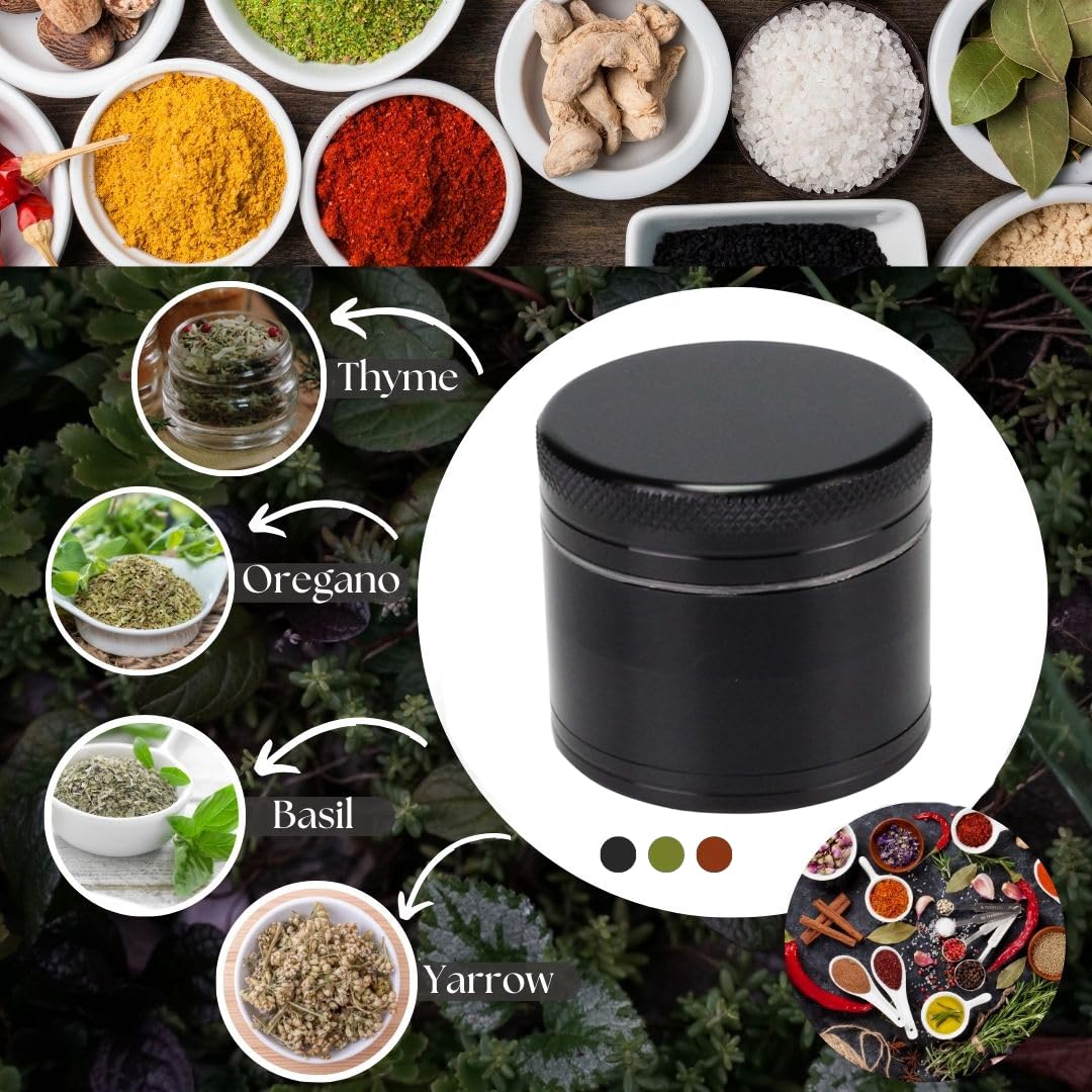 Grinder en Métal, Broyeur à Epices et à Condiments, 100% Aluminium, 4 Pièces, Noir, 40 mm