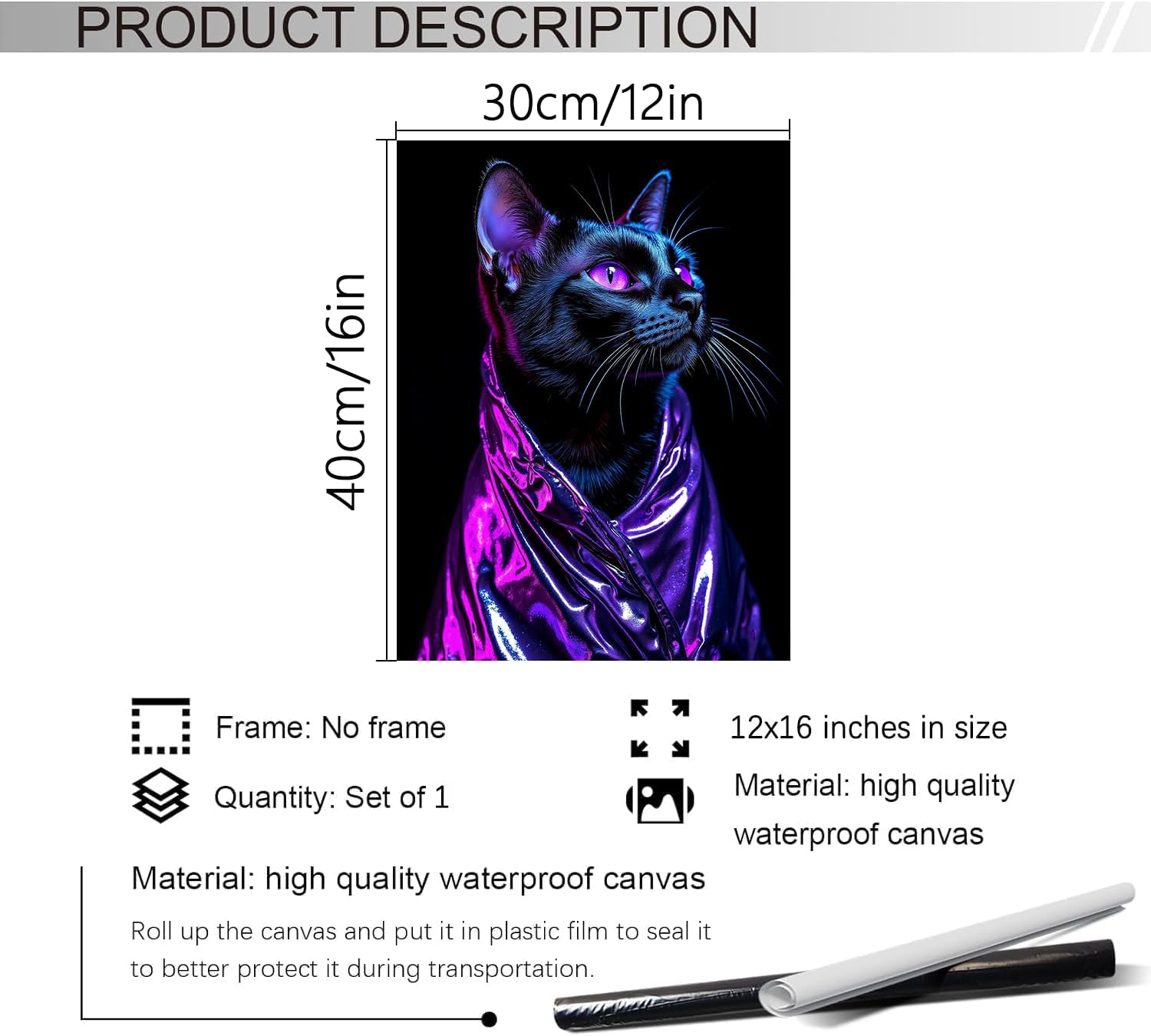 JKWQFBOYAN Colorful Oil Painting Animal Wall Art, Canvas Print Funny Cute Pictures for Kids Bedroom Nursery Decor Artwork for Living Room Bathroom Bedroom (Purple cat wall art, 12x16inch, Unframed)