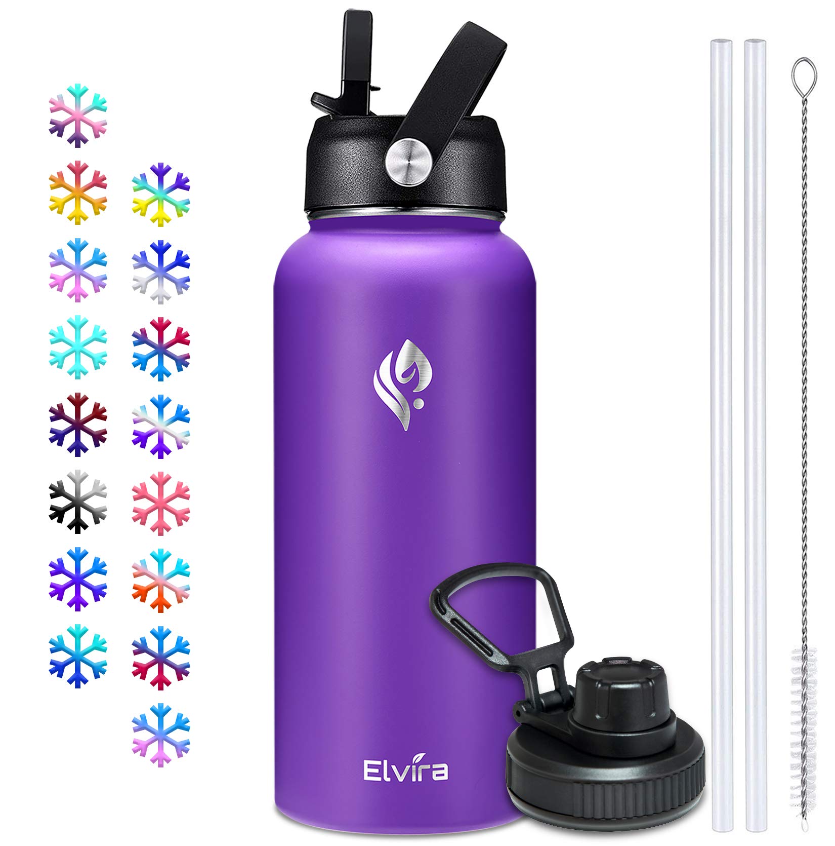 Elvira 32oz Vacuum Insulated Stainless Steel Water Bottle with Straw & Spout Lids, Double Wall Sweat-proof BPA Free to Keep Beverages Cold For 24Hrs or Hot For 12Hrs-Purple