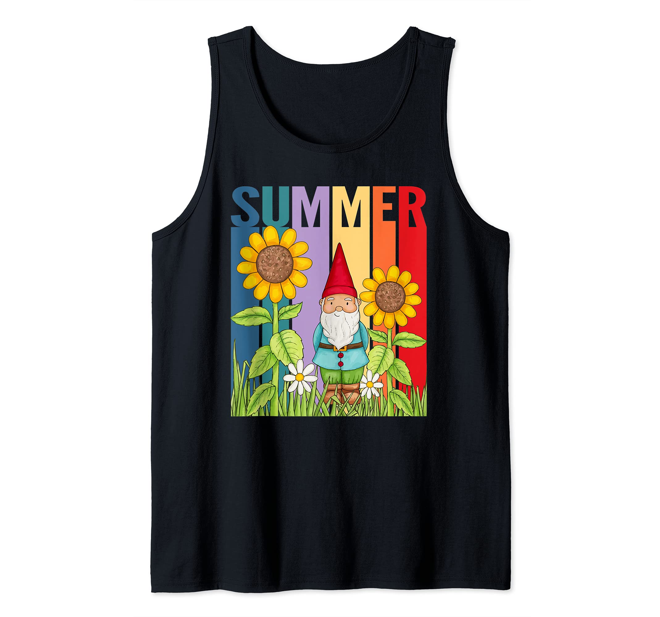 Summer Gnome and Sunflower Garden Tank Top, Black