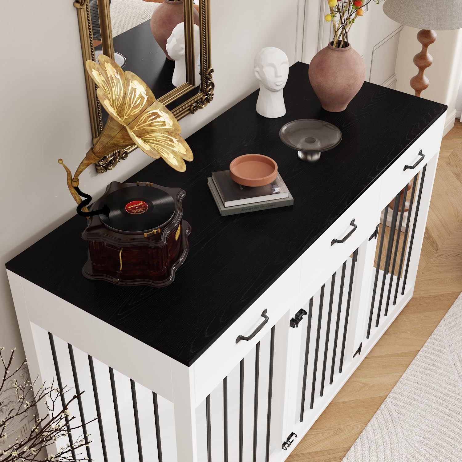 Cage pour chien Palace - Élégante caisse XXL avec tiroirs - 137 x 57 x 85 cm - Meuble et niche pour chien en un - Noir/blanc pour des nez en fourrure soucieux du style
