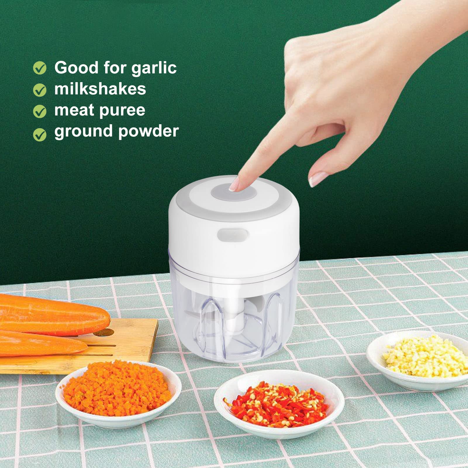 Electric Garlic Chopper, 250ML Garlic Grinder Masher Onion Chopper, Mini Portable Veggie Chopper, stainless steel blade Food Processor, Portable Electric Mini Food Chopper