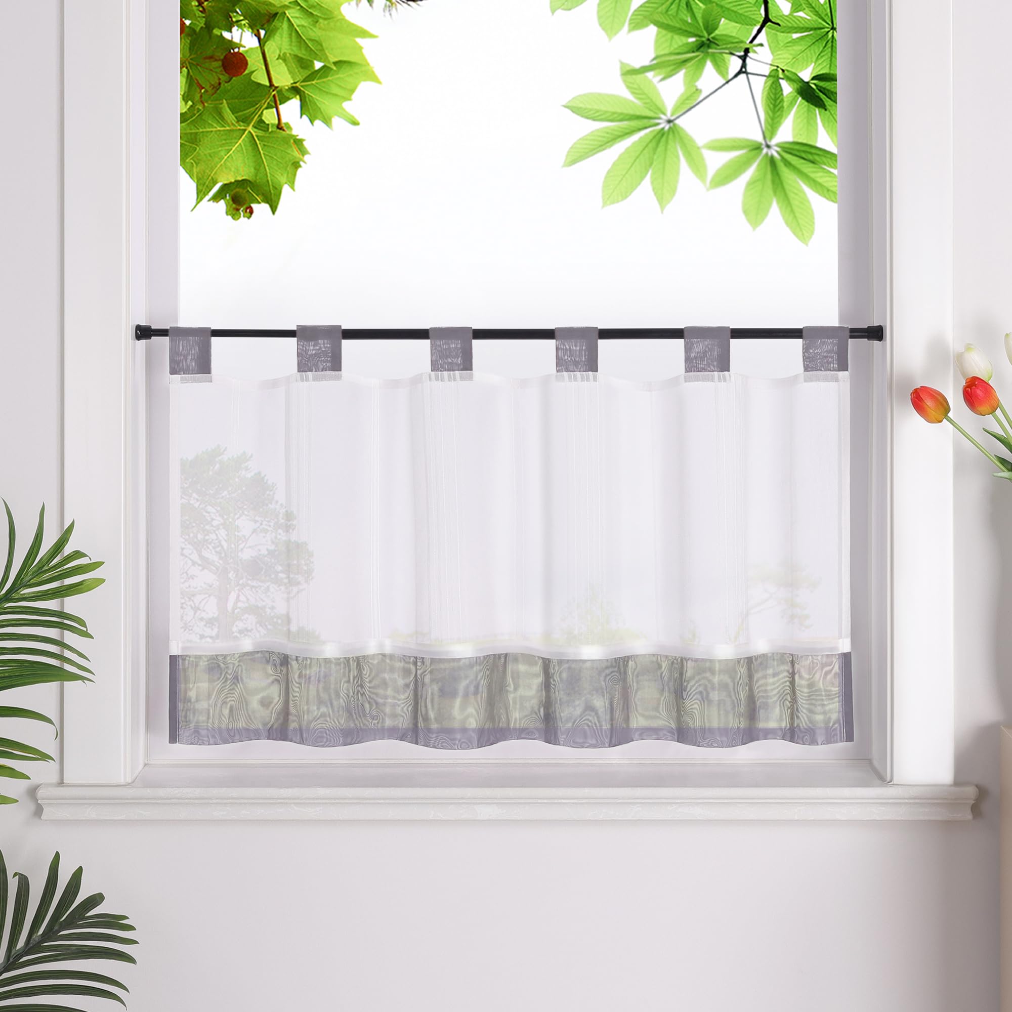 HeichkelL Scheibengardine mit Schlaufen Leinenoptik Gardine Halbtransparent Bistrogardine Landhausstil Kurzstores Grau HxB 45x90cm