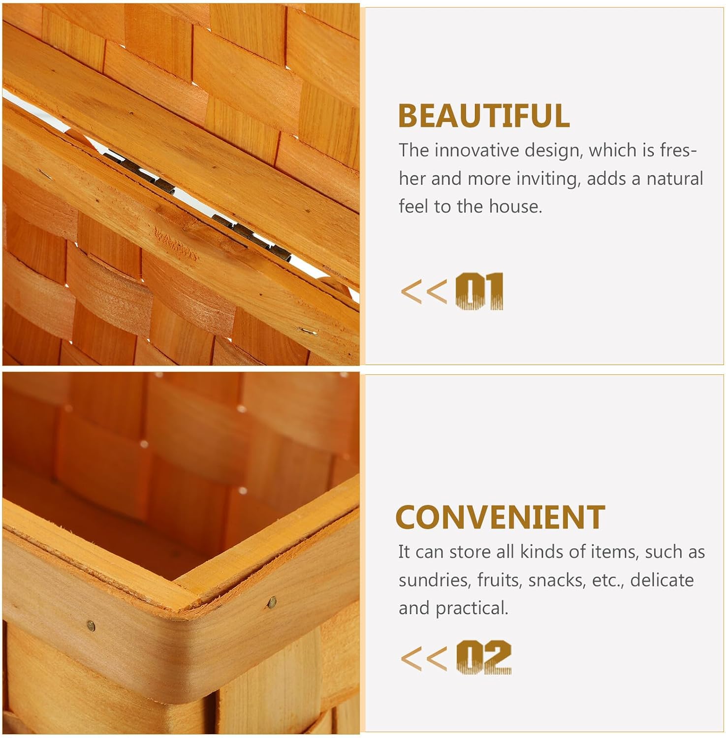 TEHAUX Wood Chip Picnic Basket with Lid Handwoven Storage Basket for Outdoor Camping and Home Organization Light Color