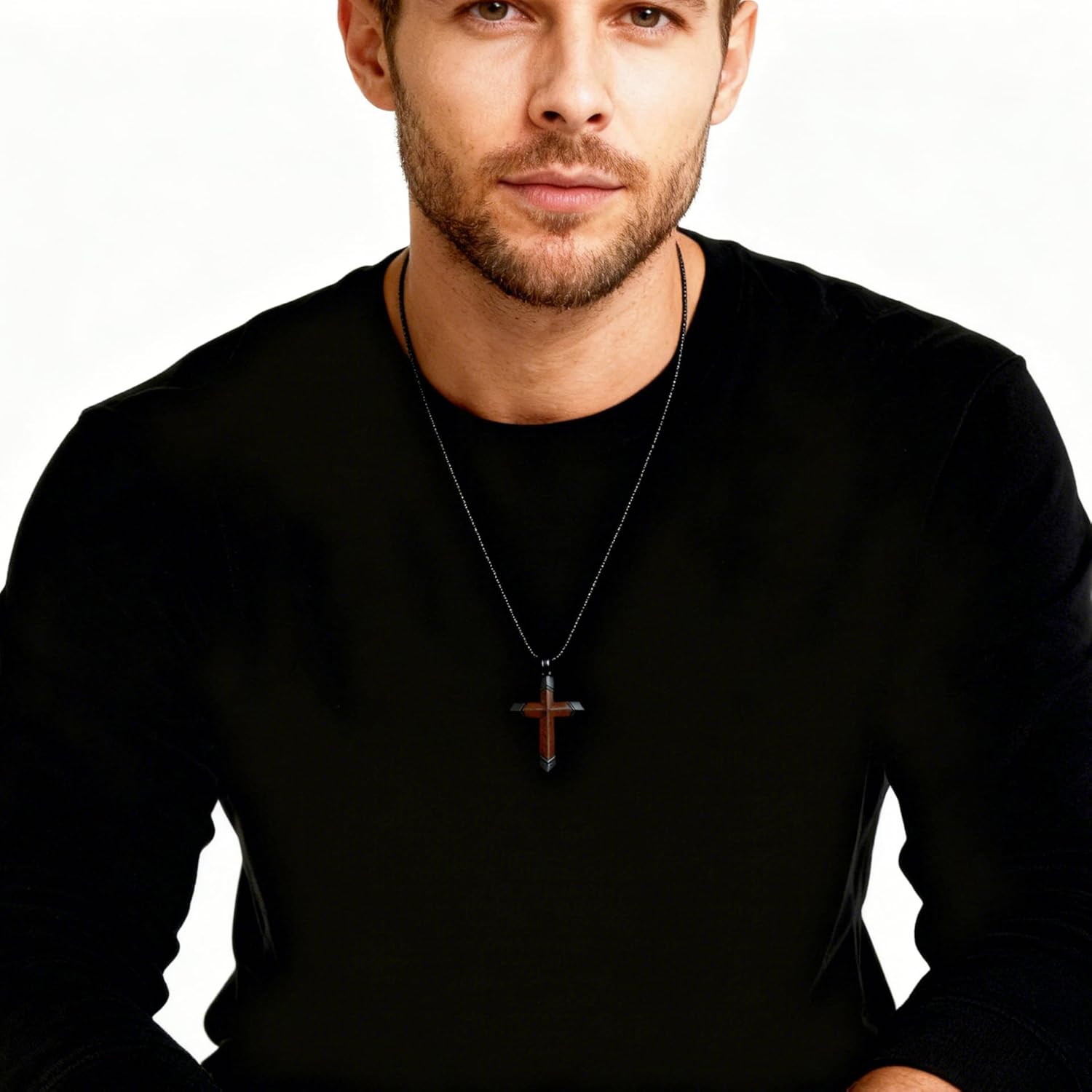 Cross Necklace for Men, Real Ebony Wooden Mens Cross Necklace Black Stainless Steel Christian Handmade Wood Pendant for Men, 24 Inch Box Chain - Image 4