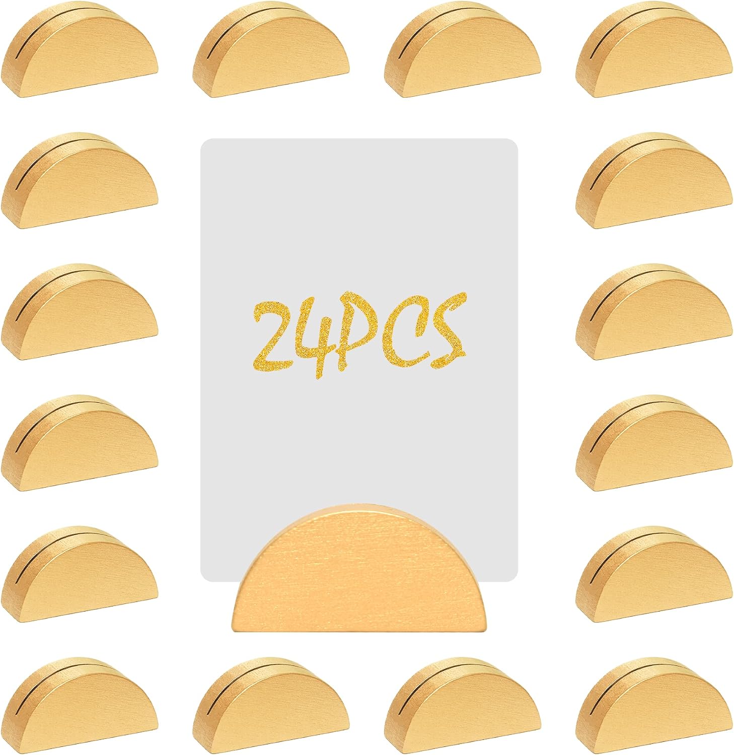 24 Pcs Gold Table Number Stands, Wooden Indoor Wedding Place Card Holders Semicircular Table Name Holder for Photos Office Tag Birthday Banquet Party Restaurant Menu