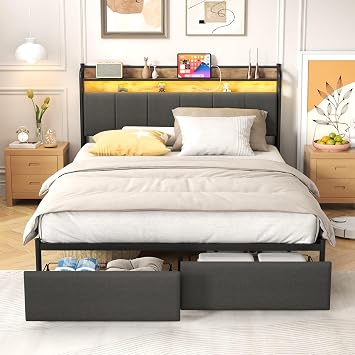 Zevemomo LED Queen Bed Frame with Storage and Headboard, USB & AC Outlet Charging Station, Queen Size Platform Bed with RGB LED Lights, Upholstered Fabirc Headboard, No Box Spring Needed, Grey