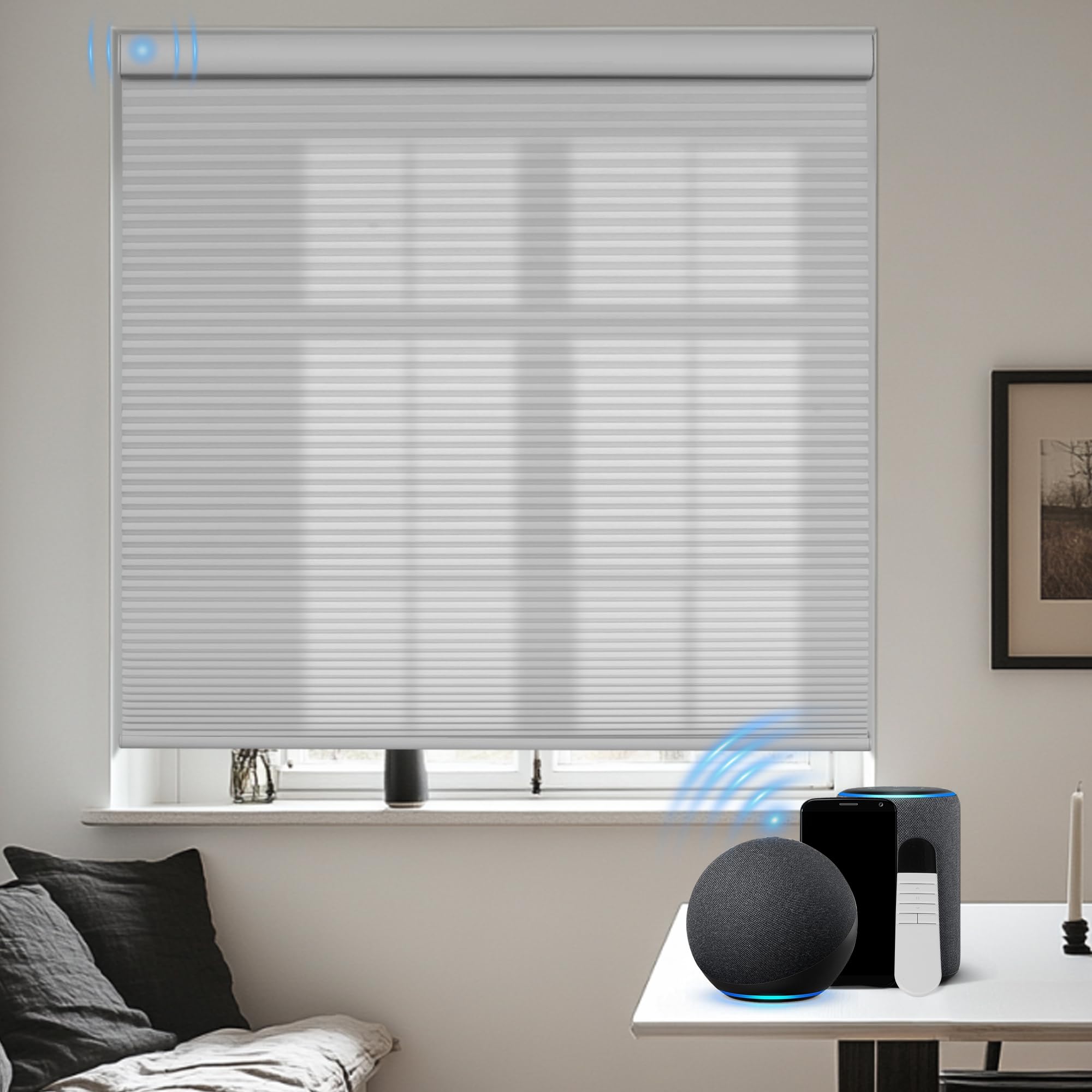 BERISSA Motorized Cellular Shades, Light Filtering Smart Honeycomb Blinds with Remote Control & Hub, Custom Room Darkening Automatic Cellular Window Blinds for Home Office, Living Room, Door,White