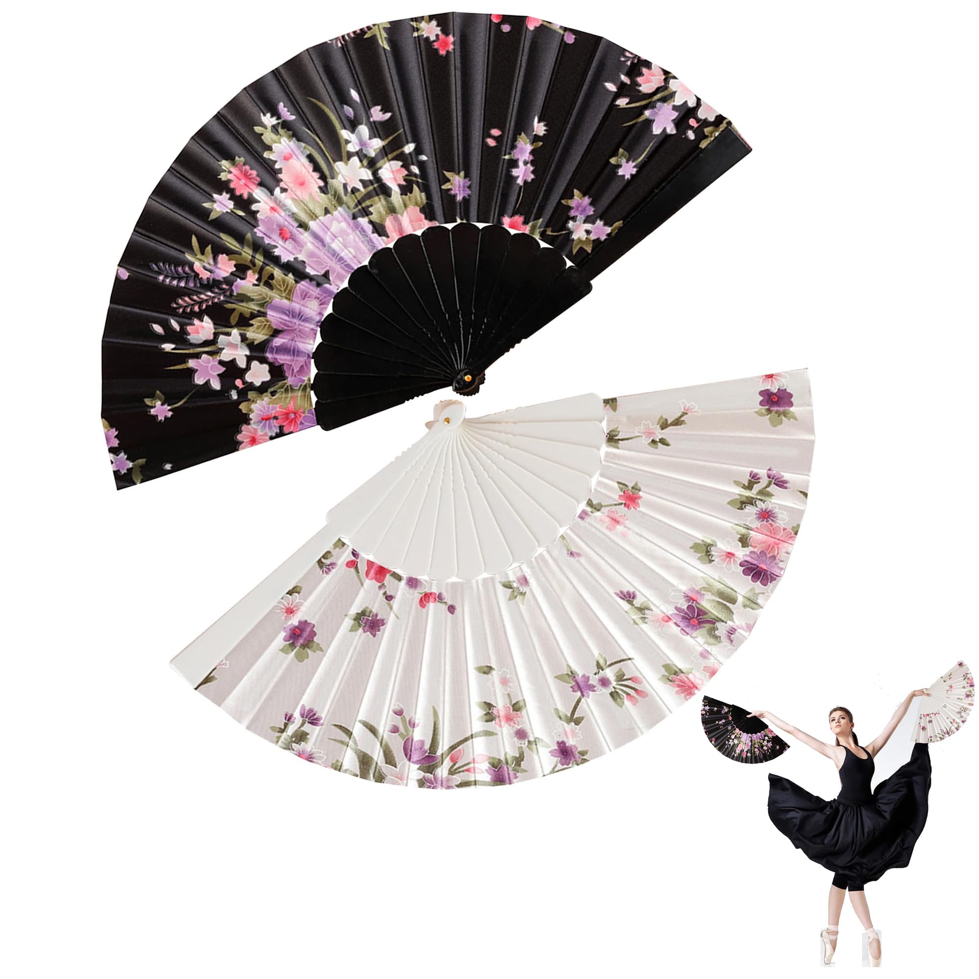ELECDONELECDON Silk Folding Hand Fans, 2-Pack Large Folding Handheld Fans, Chinese Vintage Flower Silk Foldable Fans for Women Girls Dancing Cosplay Wedding Party Gifts Props Decoration(Black+White)