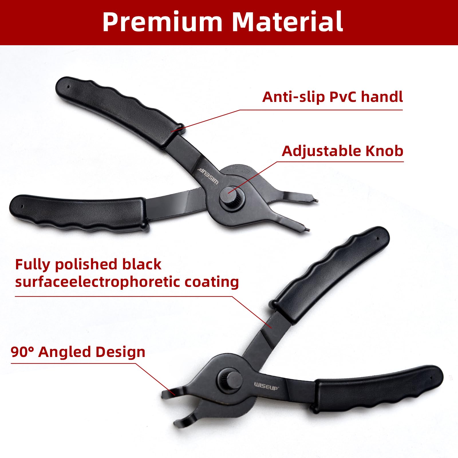 WISEUP Set di 10 pinze per anelli elastici, resistenti, kit di pinze per anelli interni/esterni, con pinze dritte piegate, punte dritte/piegate per rimozione anelli a C, con custodia