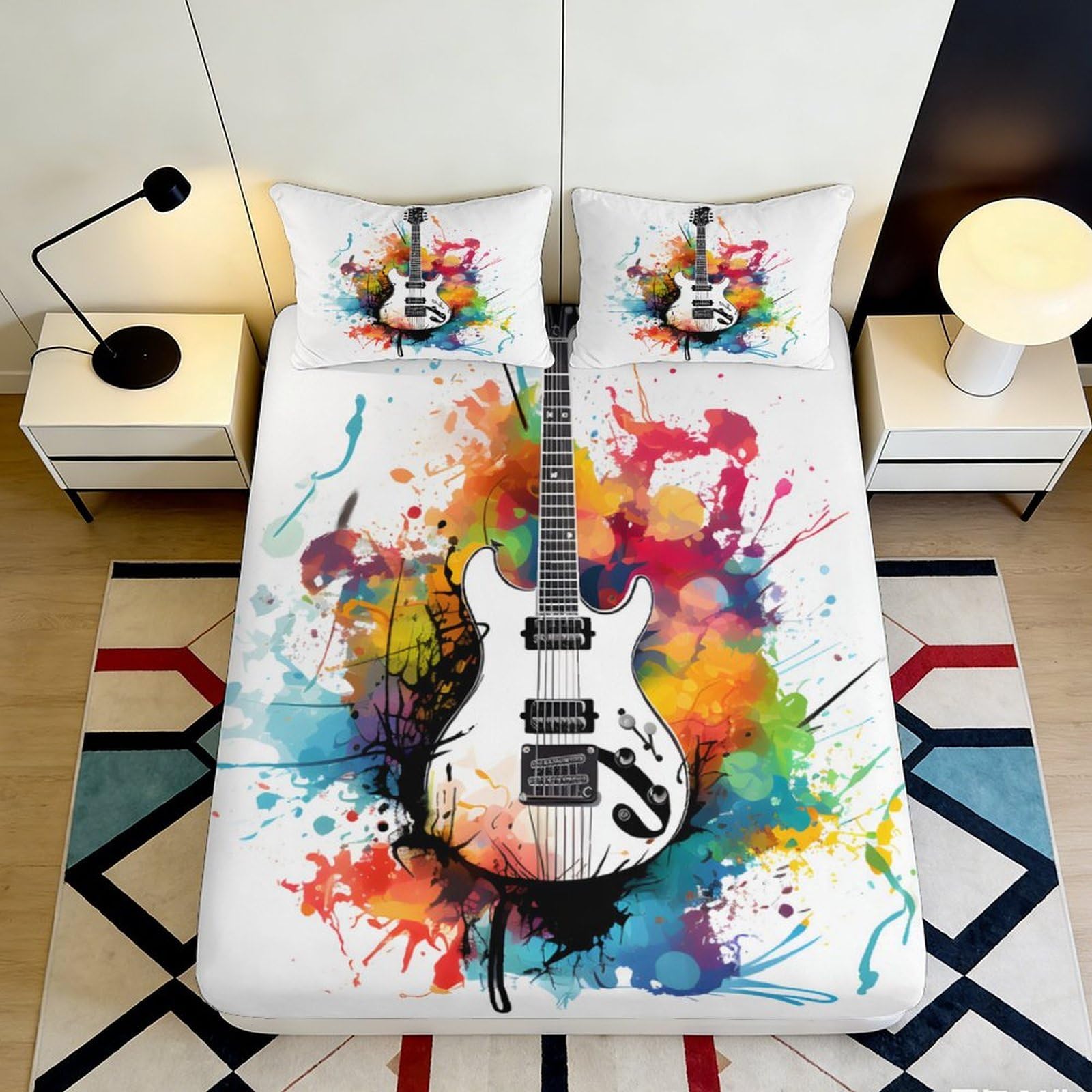 Pnayamiorkfel Style-3 3D Printed Colorful Electric Guitar Fitted Sheet Microfiber Bedroom Decor Splash Art Mattress Cover For Home Guest Room 90X200x25cm