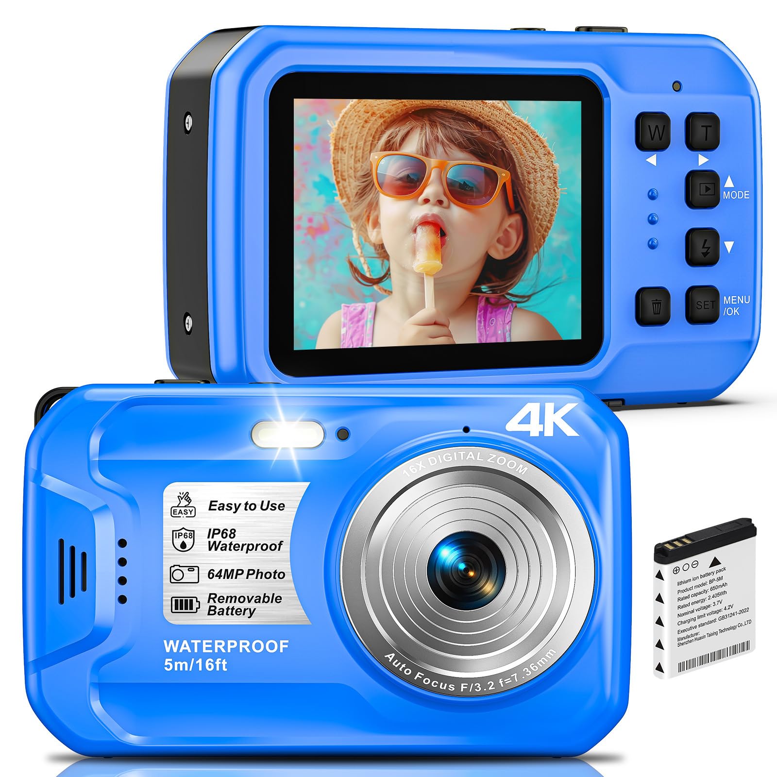 64MP 4K Underwater Digital Camera, 16FT Waterproof Compact Camera with Autofocus, 16X Zoom HD IPS Display &amp; Fill Light, Includes 32GB Memory Card