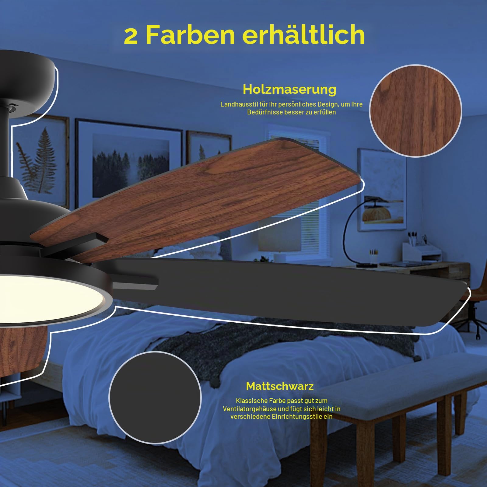Taloya Smart Deckenventilator mit Licht und Fernbedienung, Moderne Dimmbare LED Beleuchtung, App Control, 132 cm, Schwarz, Leise DC Motor, 6 Geschwindigkeiten, Timer, für Schlafzimmer Esszimmer