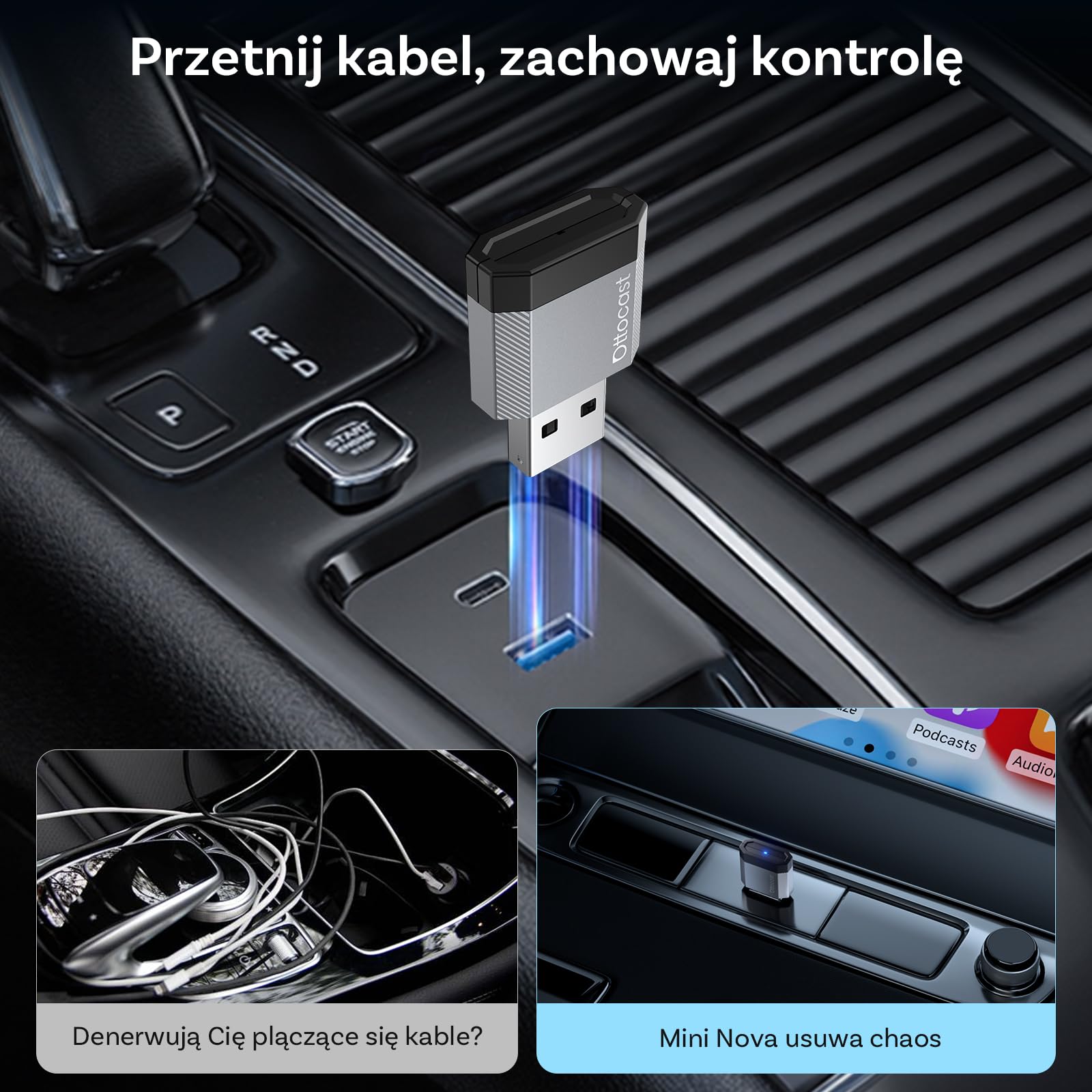 OTTOCAST 2 w 1 Bezprzewodowy CarPlay i Android Auto Adapter, Mini Nova 2026 Ultra-Kompaktowy Adapter Wireless, Obsługuje ChatGPT Gemini, Plug & Play do Samochodów z Przewodowym CarPlay/Android Auto