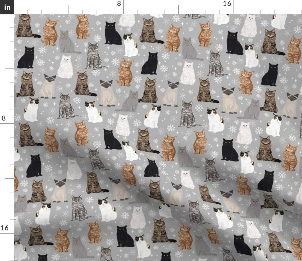 Spoonflower Fabric - Christmas Winter Cat Lady Snowflakes Holiday Theme Snow Cats Kitten Printed on Petal Signature Cotton Fabric by The Yard - Sewing Quilting Apparel Crafts Decor
