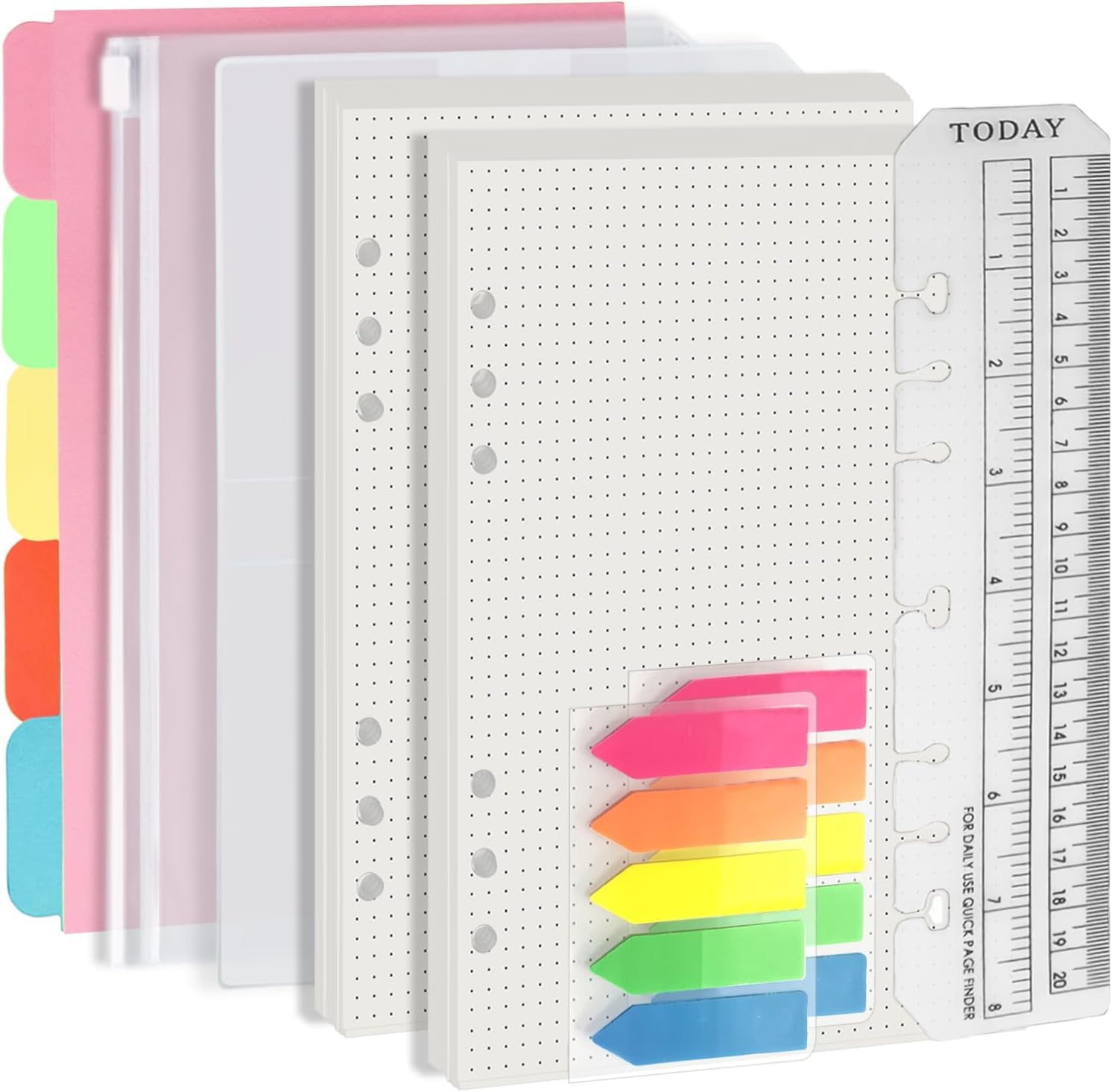 Harphia A5 6 Holes Binder Refill Value Set, 90 Sheets Loose Leaf Paper with Stickers and dividers