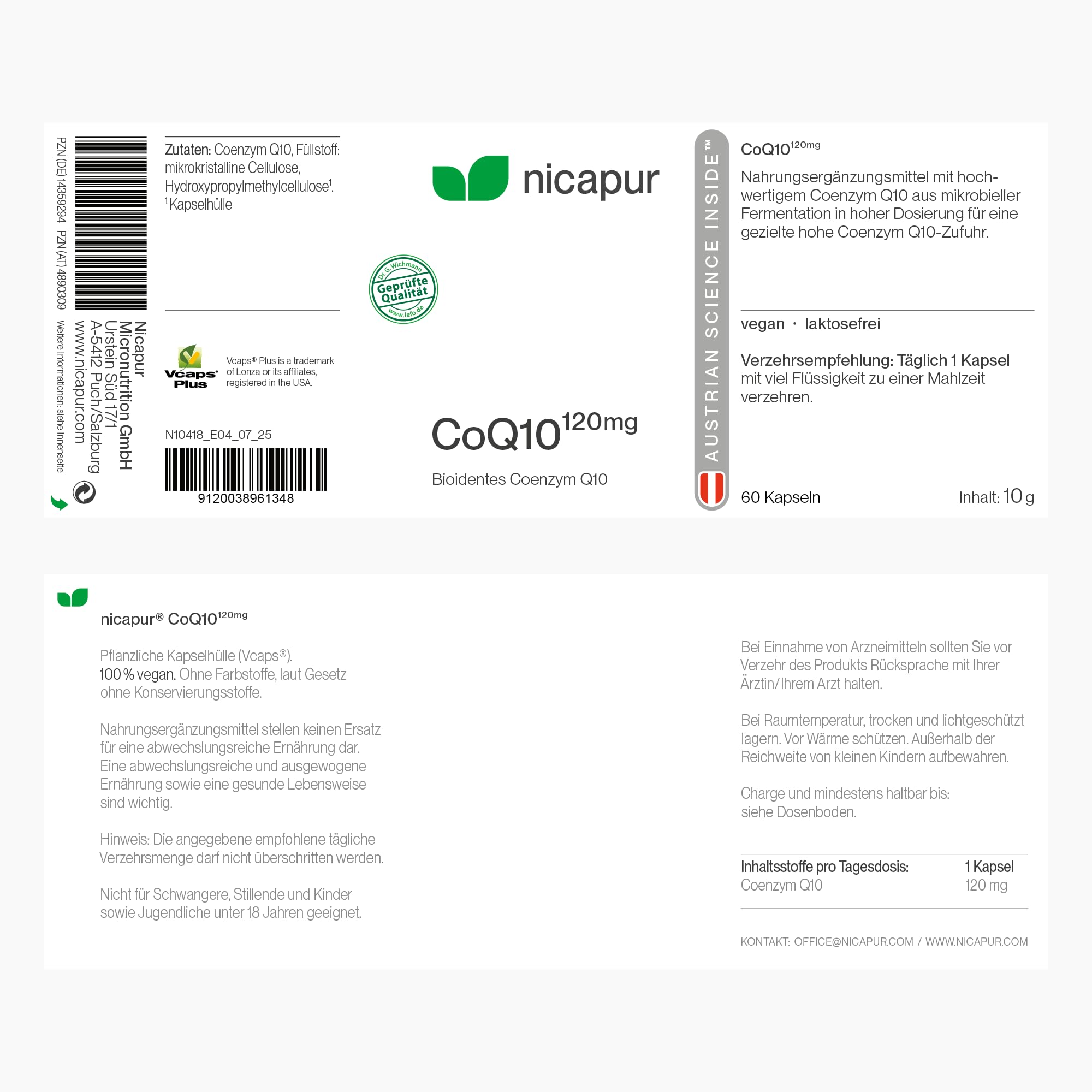 nicapur® Coenzym Q10 120 mg pro Kapsel I 100 % reines, bioidentes COENZYM Q10 I 60 Kapseln I laborgeprüft I in Österreich produziert I vegan