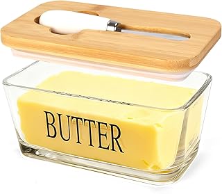 Large Butter Dish with Lid for Countertop, Glass Butter Container with Knife, Sturdy Butter Keeper with Bamboo Lid Holds West or East Coast Butter for Refrigerator, Kitchen Decor (Natural Wood)