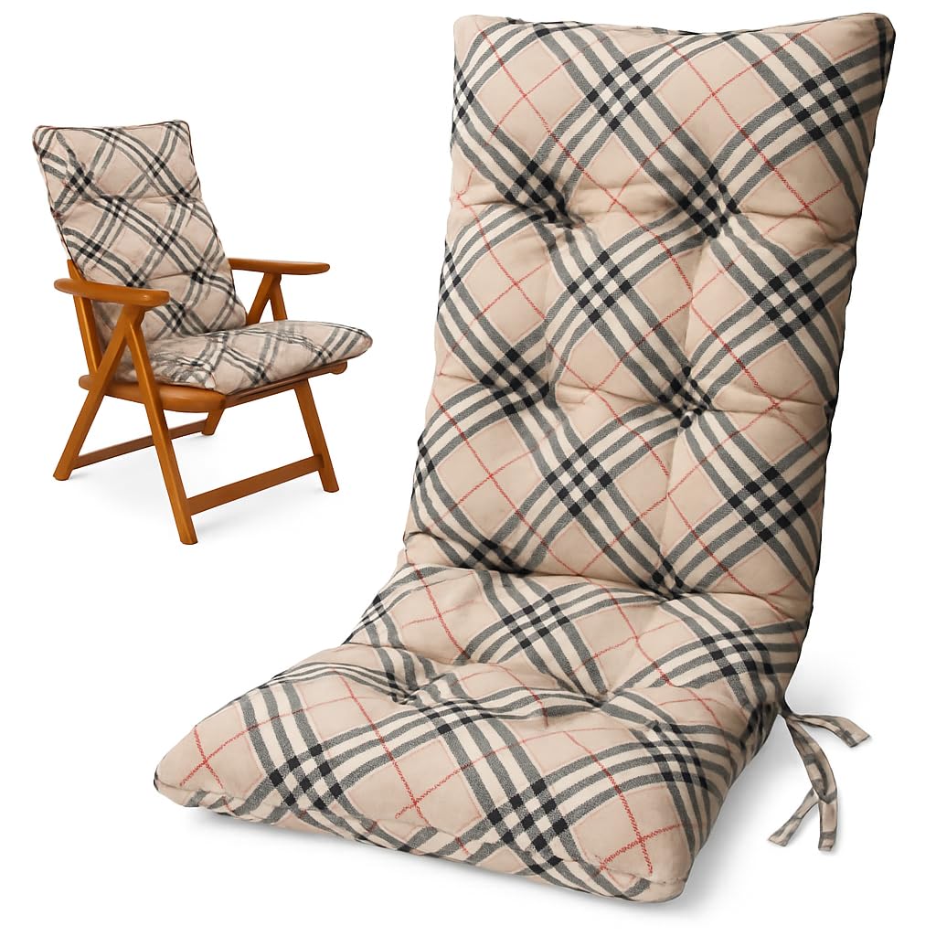 HAND Cuscino Ricambio per Poltrona Relax Harmony – Cuscino Sedia Sdraio 110x45x5 cm – Imbottito, con Elastico e Laccetti – Compatibile Sedie Legno Ferro PVC – Fantasia Beige Scozzese