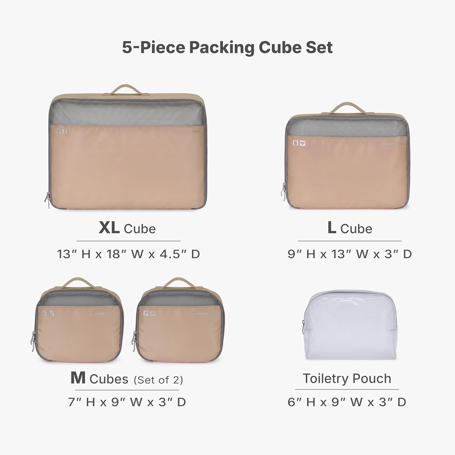 Traveler's Choice Cloverland Packing Cubes, 5-Piece Set, Light Beige