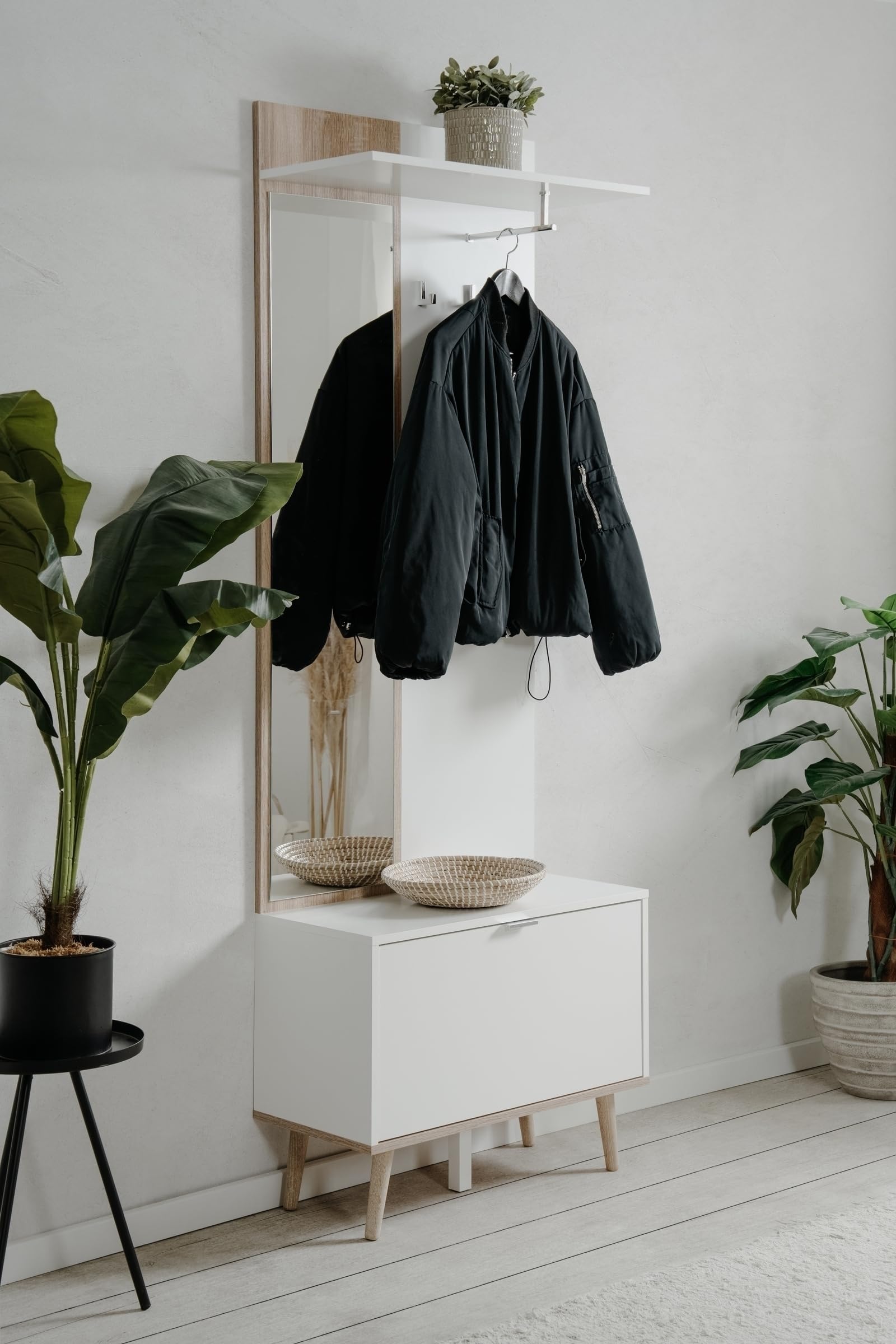 möbelando Kompaktgarderobe Göteborg – Garderobenschrank mit Spiegel, 195 cm hoch, Weiß/Sonoma Eiche – Platzsparend für Flur, Keller & Hauswirtschaftsraum