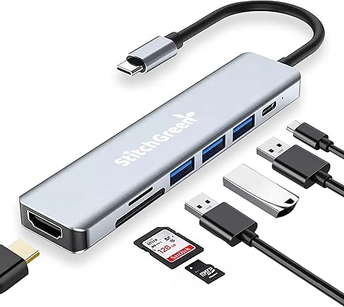 USB C Hub, StitchGreen Adapter USB C for MacBook Pro, 3 USB 3.0, SDTF Card Reader, 100W PD 7 in 1 USB C to