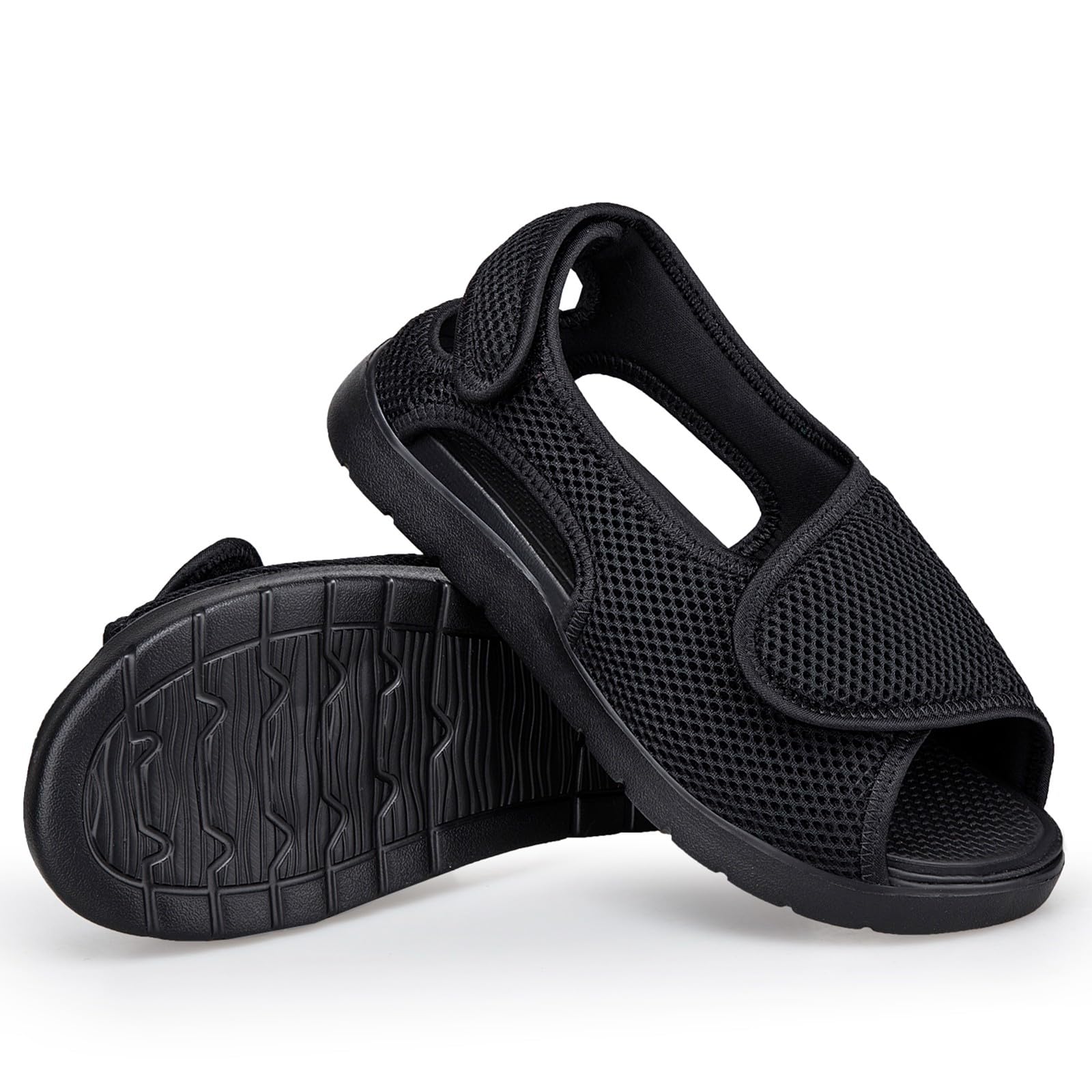 Gaatpot Sandali per Diabetici Donna Scarpe Ortopediche Uomo Larghi a Strappo Sandali Riabilitativi Regolabili Apertura per Piedi Gonfi Nero EU40