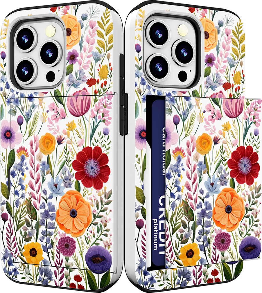 IWONE Compatible with iPhone 14 Promax Case Cute with Card Holder Shockproof Slim Slot Phone Pro Max Wallet Cover/Watercolor Summer Blooming Floral