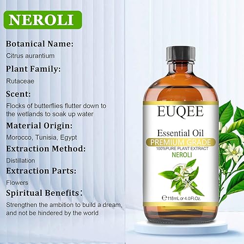 Miniatura 2 de EUQEE Aceite esencial de Neroli de 4.0fl oz4 oz Aceite esencial de neroli puro de grado prémium para difusor, limpieza, cuidado de la piel con