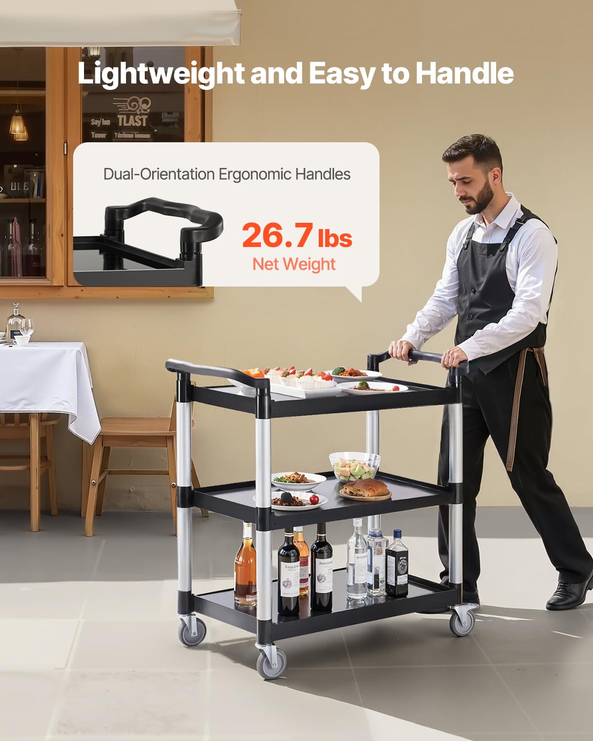 VEVOR Carrello Portavivande, Capacità di Carico 226 kg Carrello per Servizi Alimentari in Plastica a 3 Livelli da 790 x 490 mm con Ruote Girevoli 360° per Magazzino, Ufficio, Casa, Ristorante, Cucina