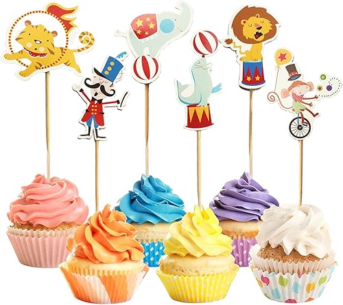Miniatura 6 de Decoraciones para cupcakes de circo, 24 piezas de decoraciones de carnaval para cupcakes, decoraciones de fiesta temática de circo, decoraciones de