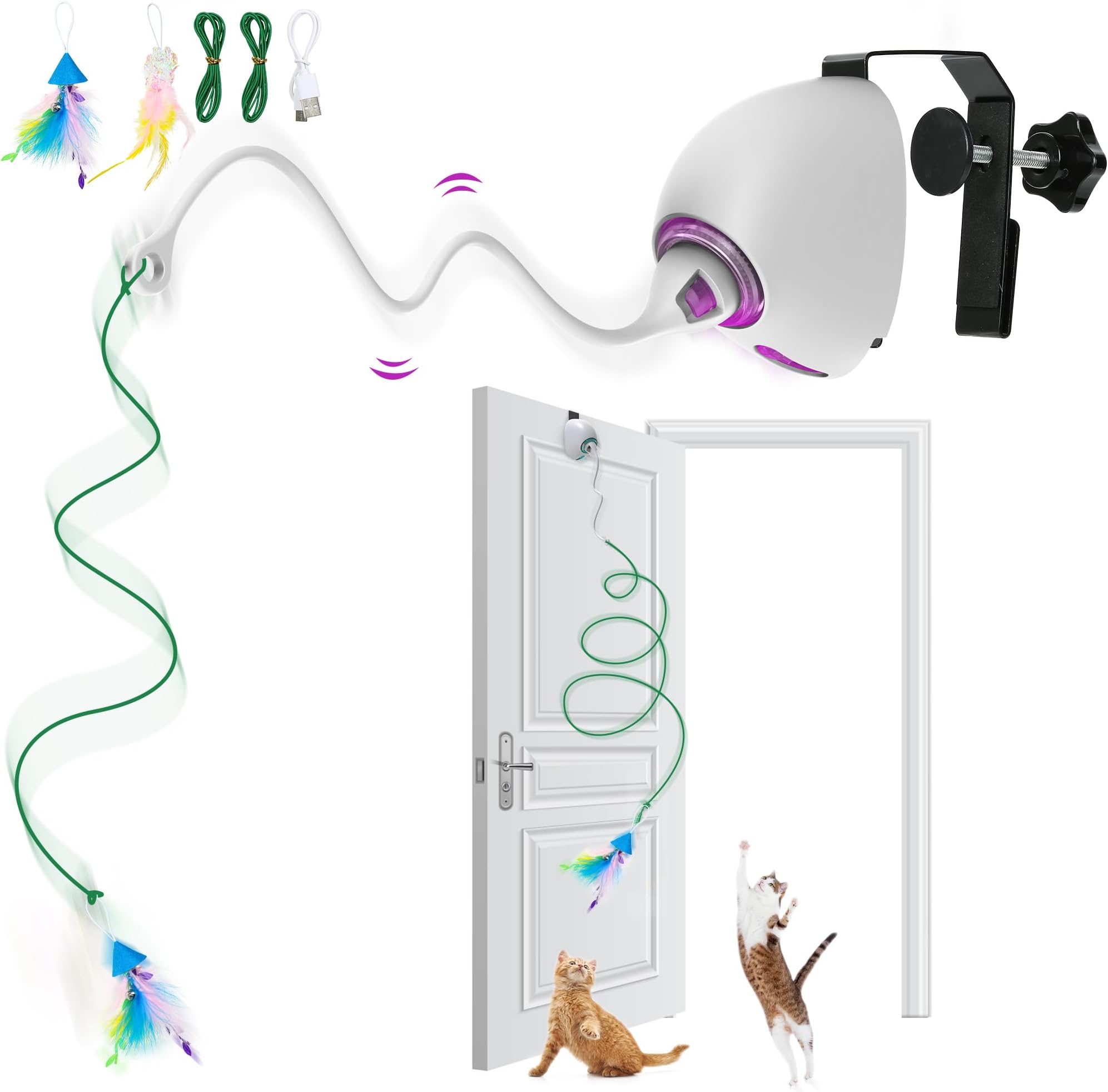 IOKHEIRA Interactive Cat Teaser Wand Toy for Indoor Cats, Electric Automatic Rechargeable Kitten Toys with Long Rope, USB Rechargeable, Multicolored Animal Print
