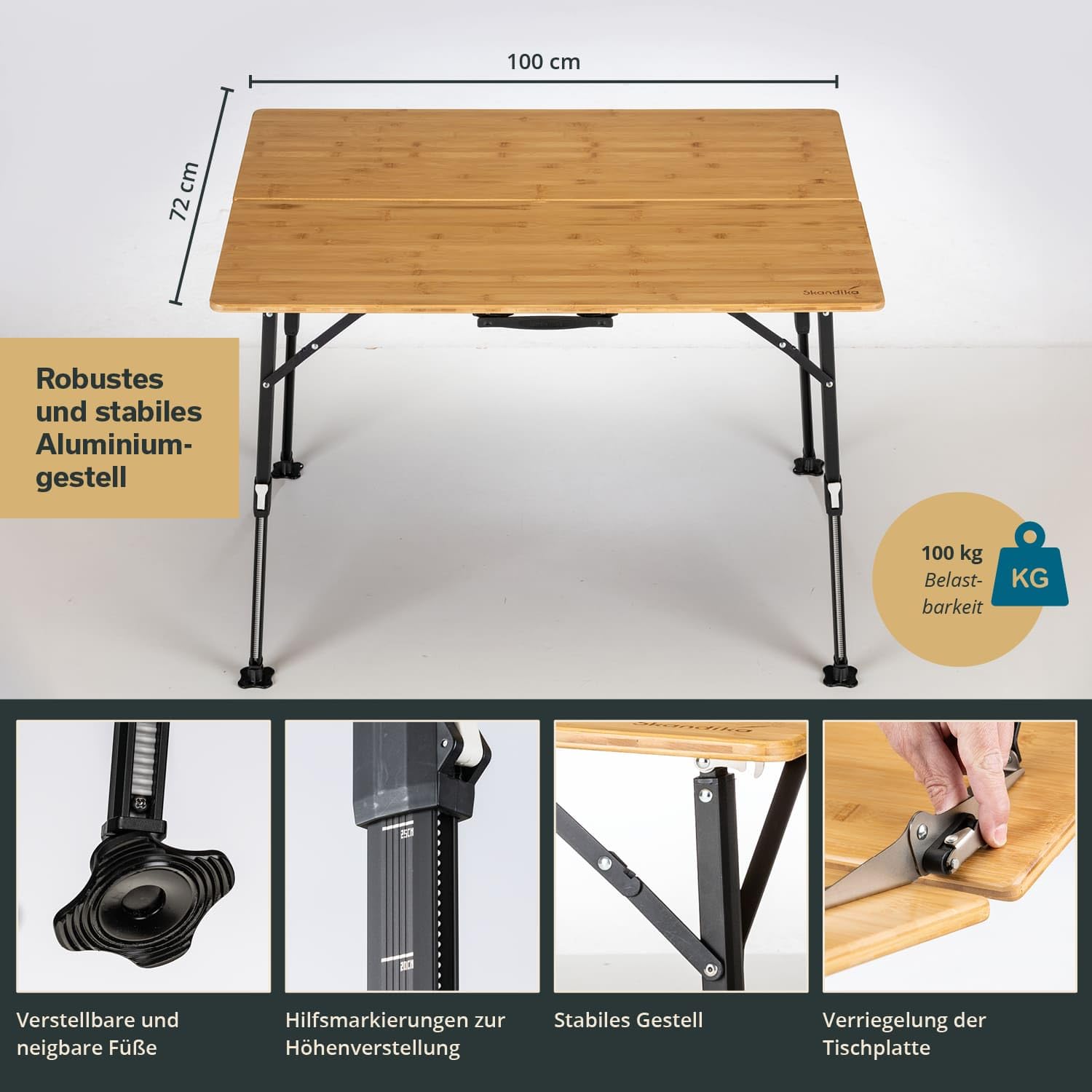 Skandika Campingtisch Tobro | Klapptisch mit Bambus Tischplatte, klappbar, stufenlos höhenverstellbar, 100 kg belastbar, wetterfest, Tragetasche | Outdoor Tisch, Camping, Balkon