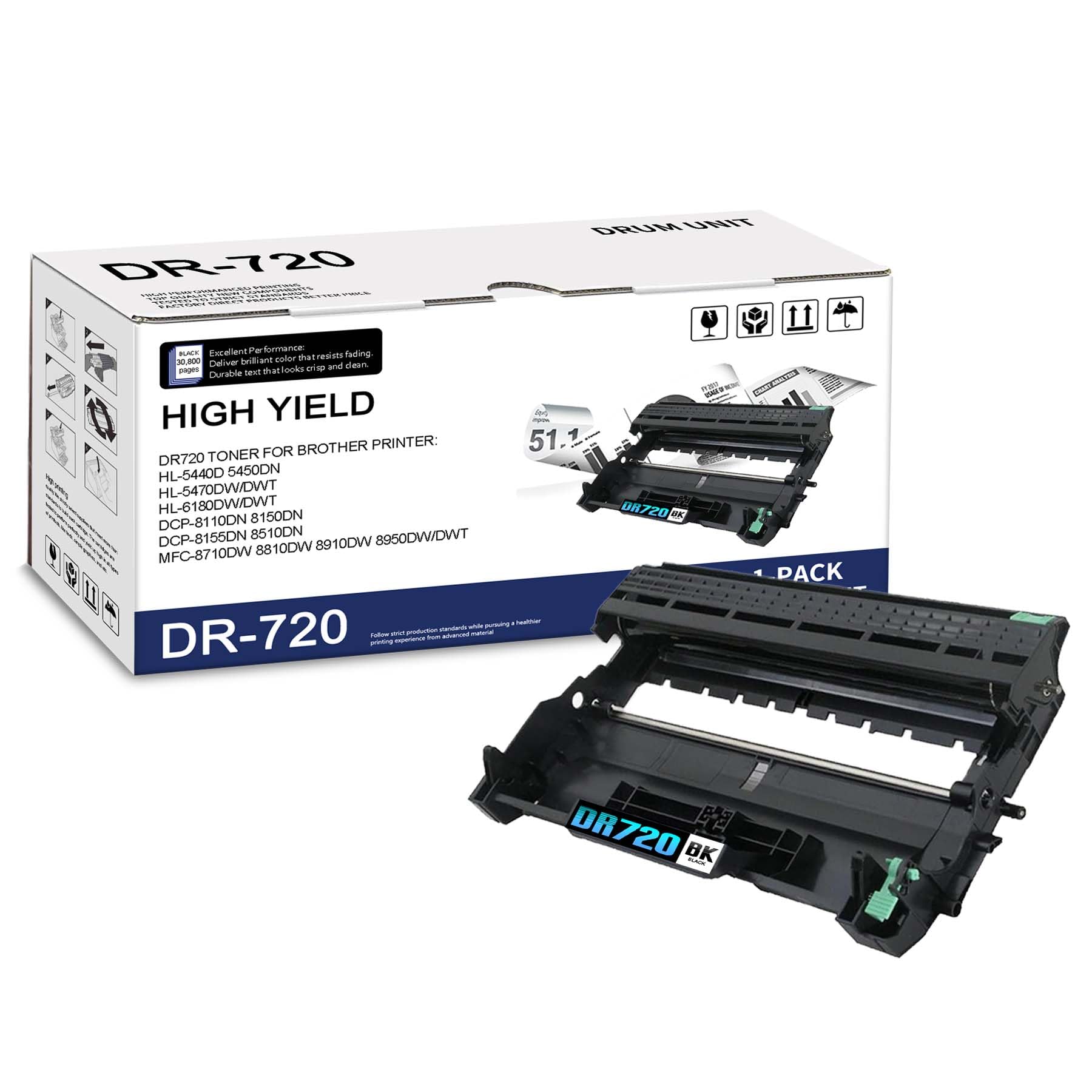 1-Pack DR720 High Yield Black Drum Unit, Replacement for Brother HL-5440D 5450DN 5470DW/DWT 6180DW/DWT DCP-8110DN 8150DN 8155DN 8510DN MFC-8710DW