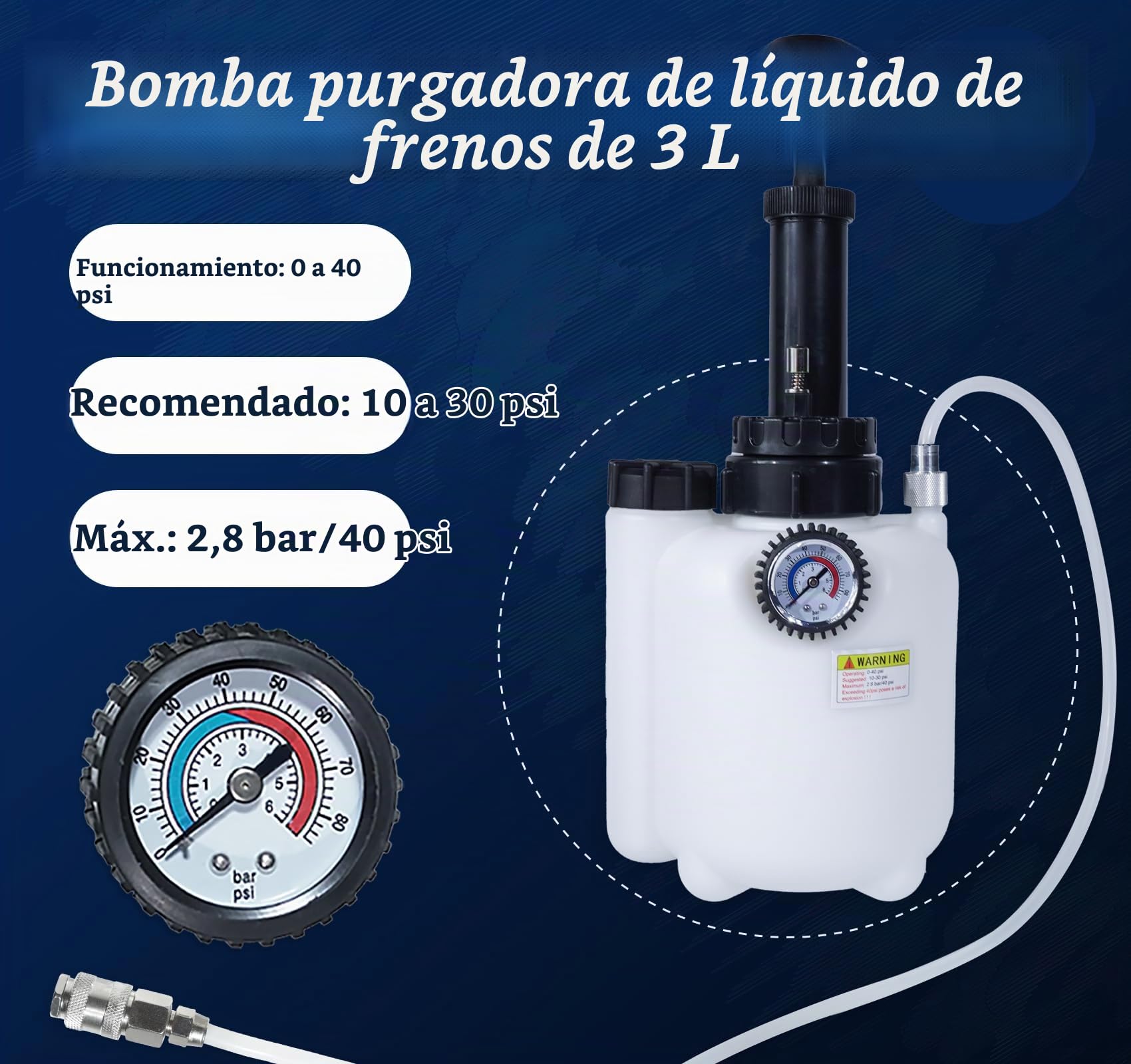3L Kit de Purga de Líquido de Frenos Manual con Botella Extractora de 1L, 4 Adaptadores de Cilindro Maestro para la Mayoría de los Vehículos