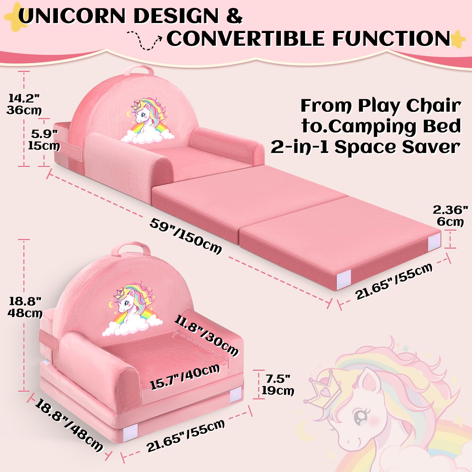 Składane krzesło dla małych dzieci, sofa dziecięca, rozkładana mini kanapa 2 w 1, 150 cm, miękki kryształowy aksamit dla małych dzieci, sofa do zabawy, do sypialni, salonu, pokoju zabaw