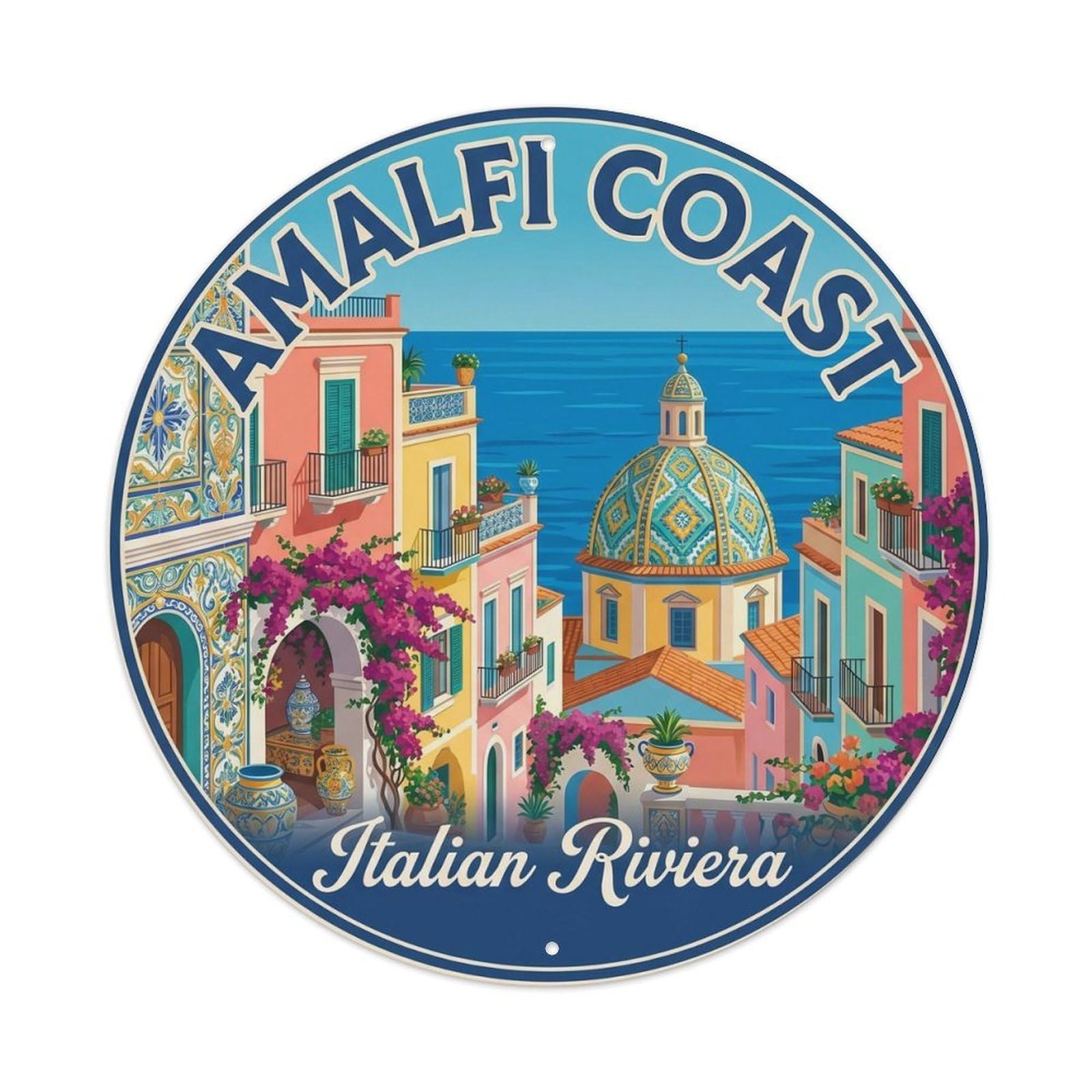 Italian Seaside Ceramic Village Classic Travel Heritage Metal Tin Sign Plaque Wall Decor for Cafe, Man Cave, Club Bar, Office, Home Garden Round Metal Poster 8x8Inch