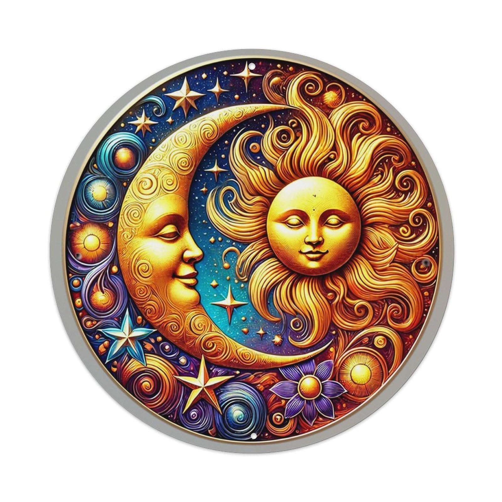Sun And Moon Celestial Art_3 Vintage Metal Tin Sign Retro Wall Decor for Home Bar Garage Cafe, Indoor & Outdoor Decorative，circle Metal Poster, 8x8 Inch