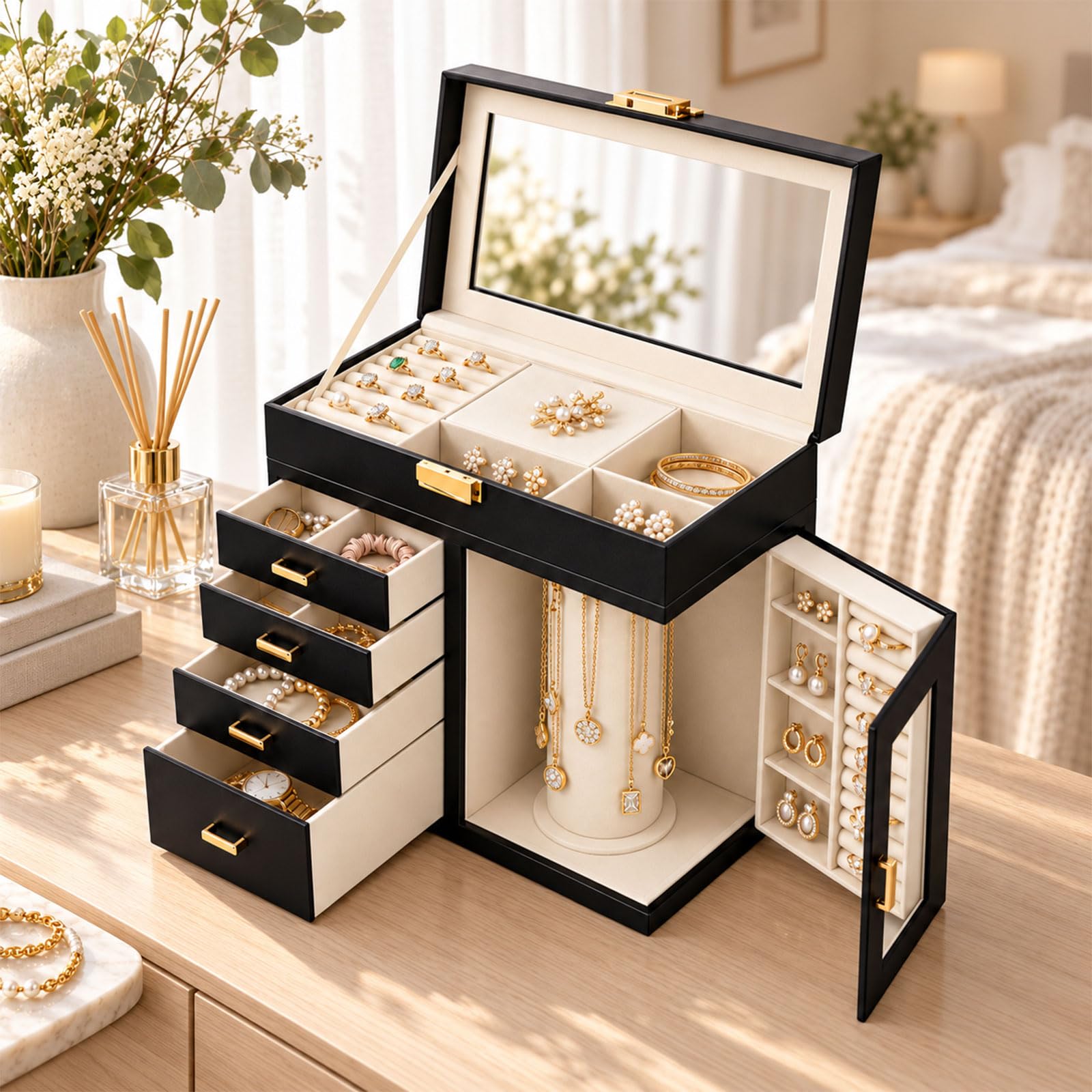 Organizador de joyas Vanity con apertura de vías y cajones