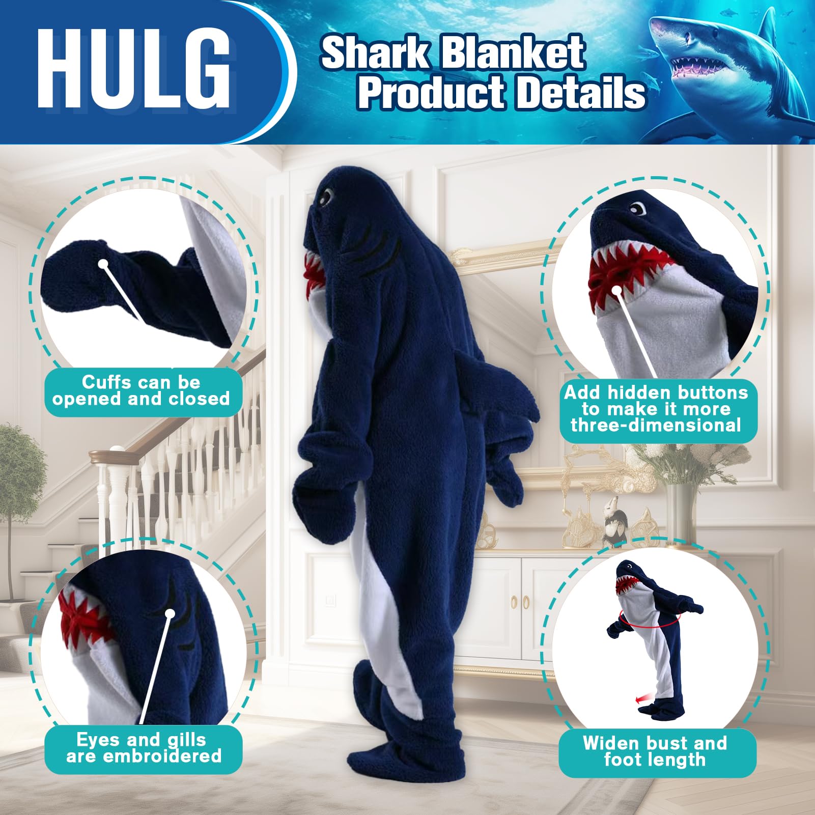 HULG Shark Costume,Shark Blanket,Wearable Shark Sleeping Blanket,Soft and Comfortable Crystal Fleece Hooded Shark Sleeping Bag,carnival clothing - Image 2