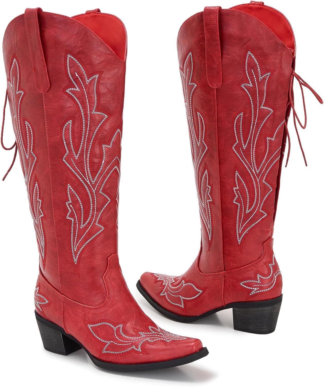 Brown Women Wide Calf Western Cowboy Boots Adjustable Tie Knee High Low Heel Square Toe Cowgirl Boots Plus Size