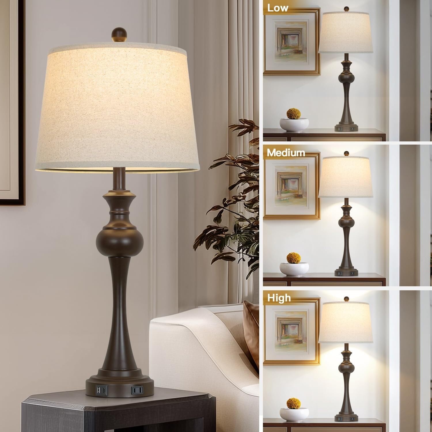 ZR98US 28.75" Two-Piece Bedside Lamp Set with USB A+C Ports, Beige Fabric Lampshade, Suitable for Living Room and Office (Brown)